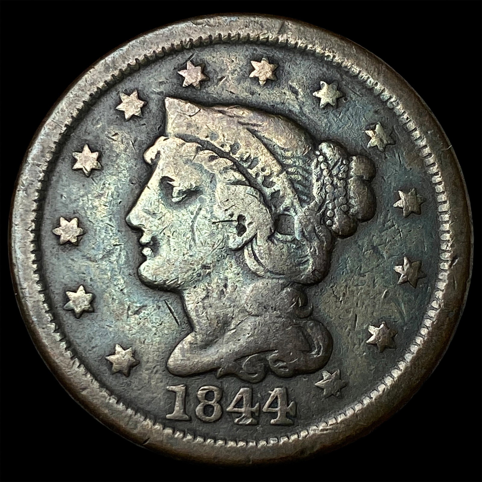 1844 Braided Hair Large Cent LIGHTLY CIRCULATED: 1844 Braided Hair Large Cent LIGHTLY CIRCULATED