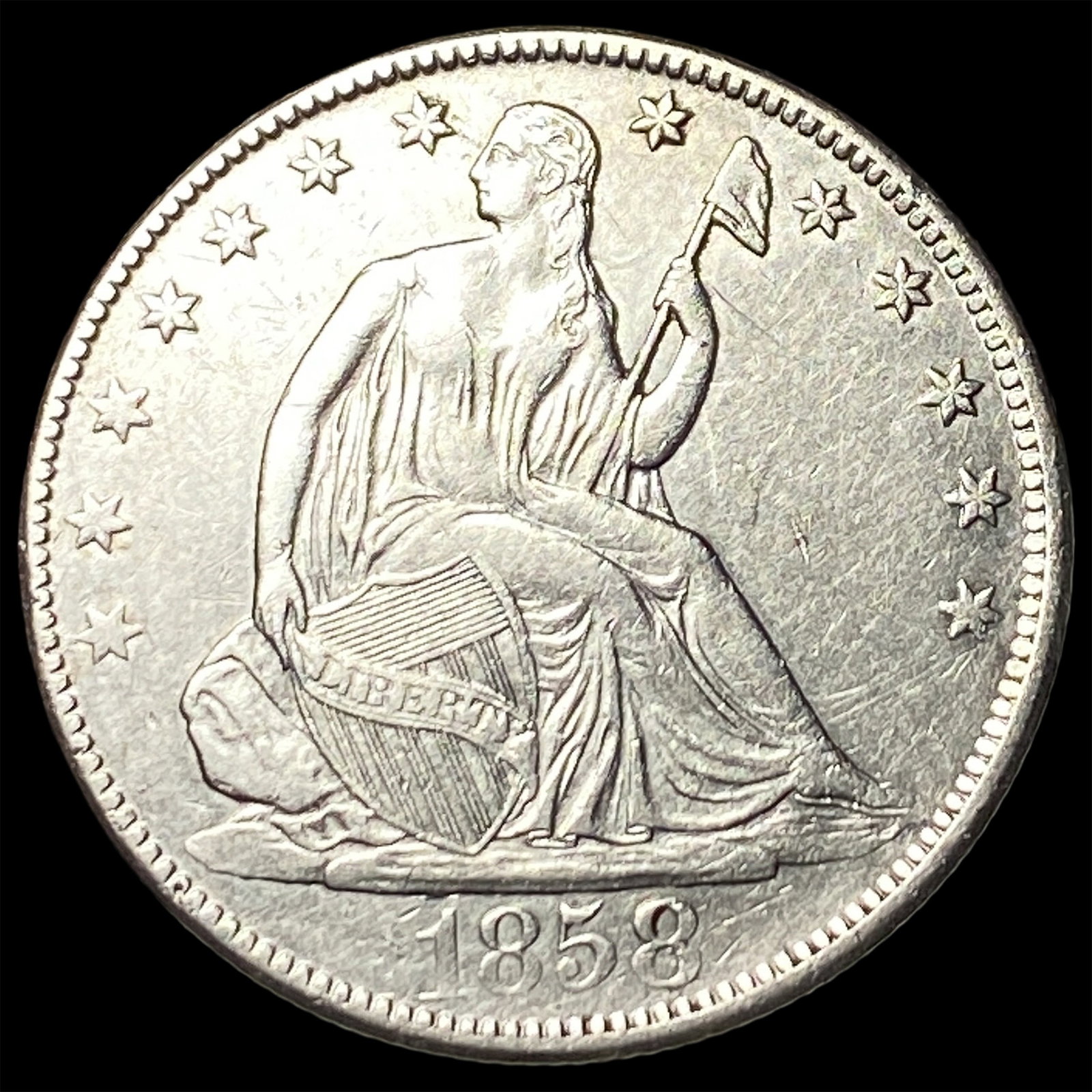 1858-O Silver Seated Liberty Half Dollar CLOSELY UNCIRCULATED: 1858-O Silver Seated Liberty Half Dollar CLOSELY UNCIRCULATED