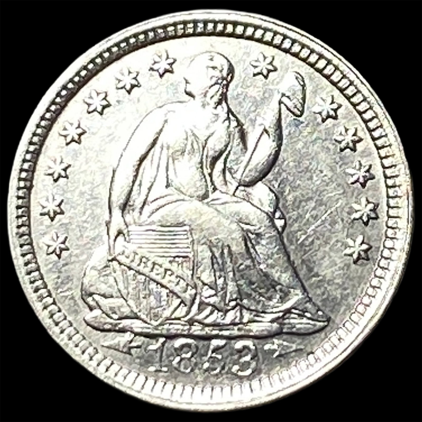 1853 Arrows Seated Liberty Half Dime CLOSELY UNCIRCULATED: 1853 Arrows Seated Liberty Half Dime CLOSELY UNCIRCULATED