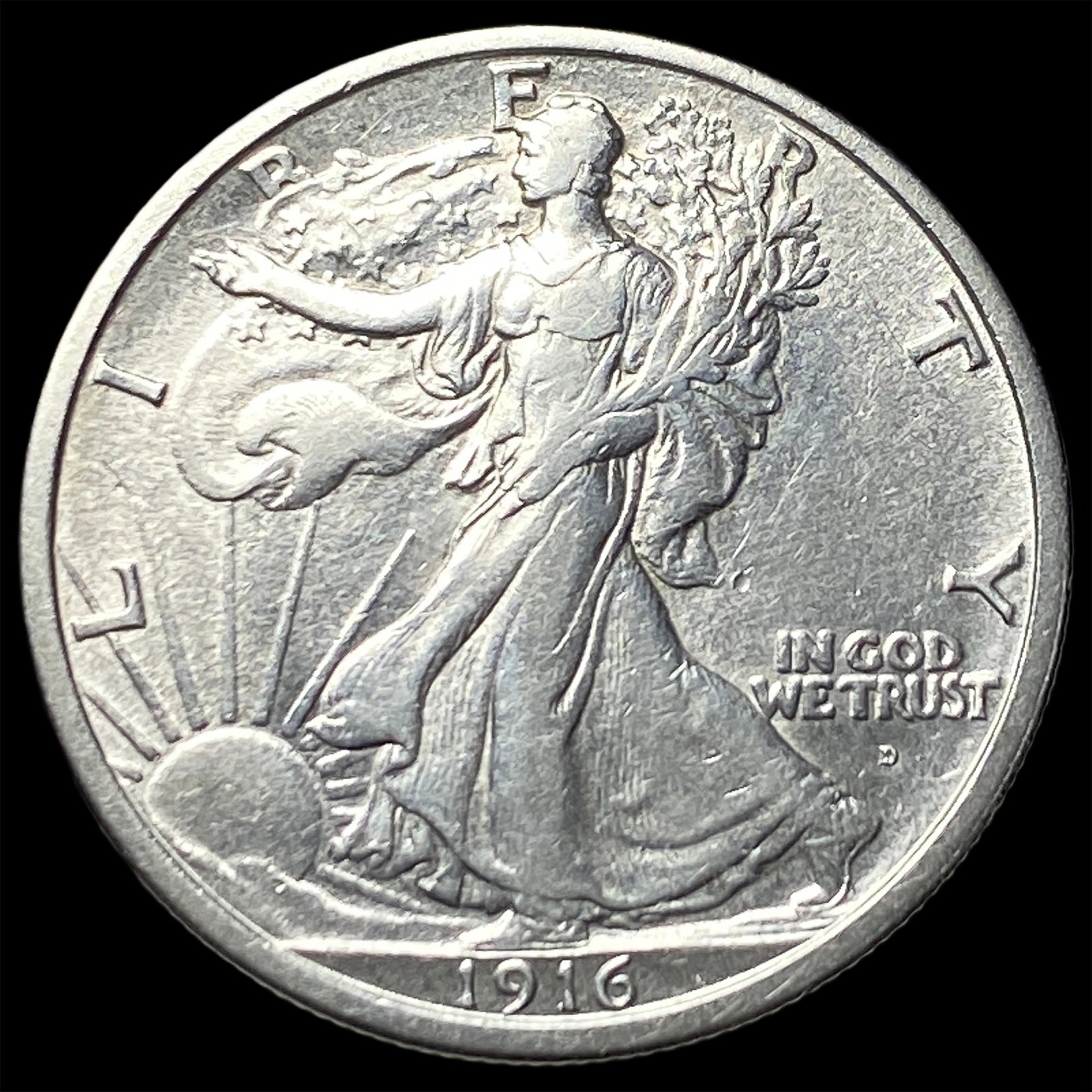 1916-D Silver Walking Liberty Half Dollar NEARLY UNCIRCULATED: 1916-D Silver Walking Liberty Half Dollar NEARLY UNCIRCULATED