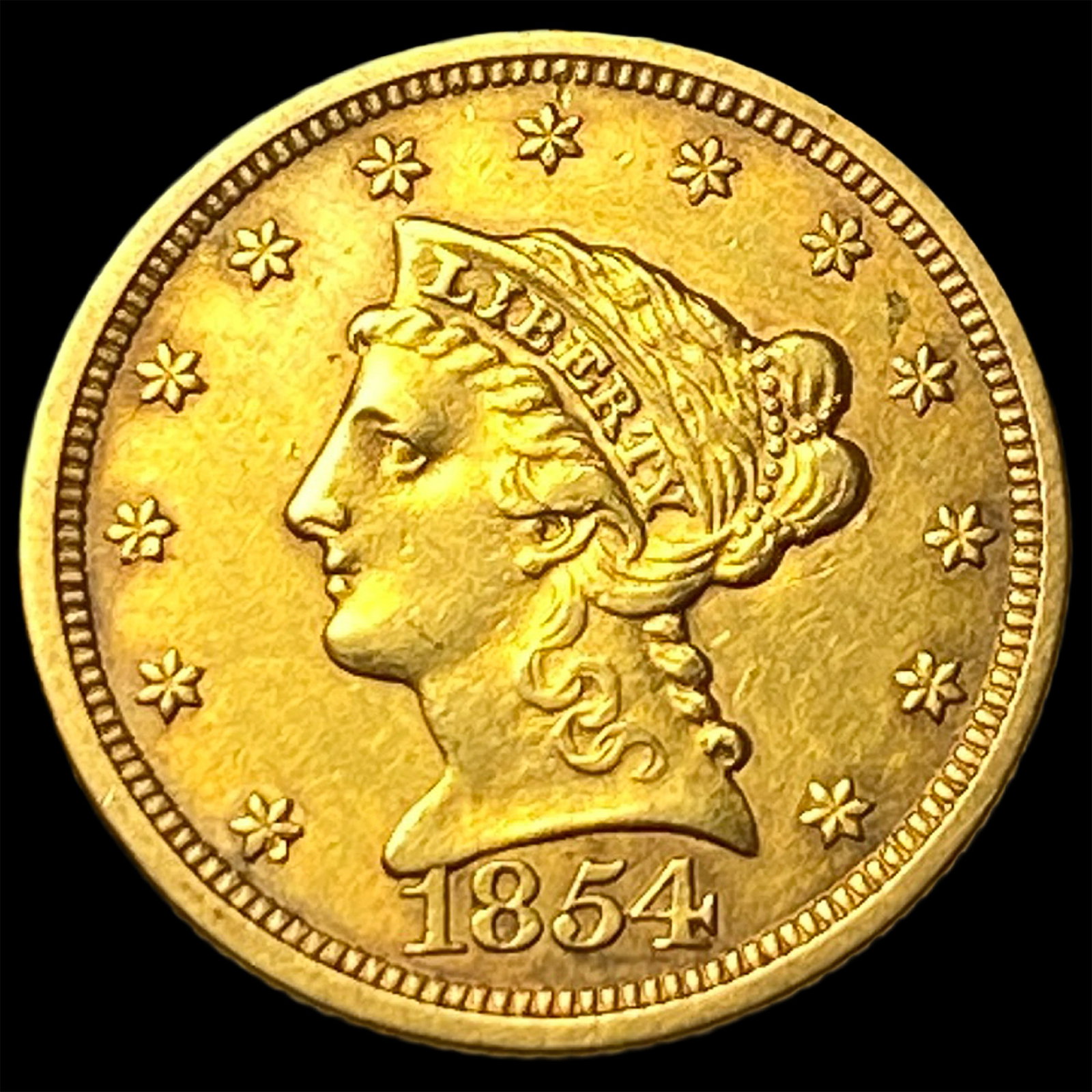 1854 Gold $2.50 Liberty Head Quarter Eagle CLOSELY UNCIRCULATED: 1854 Gold $2.50 Liberty Head Quarter Eagle CLOSELY UNCIRCULATED