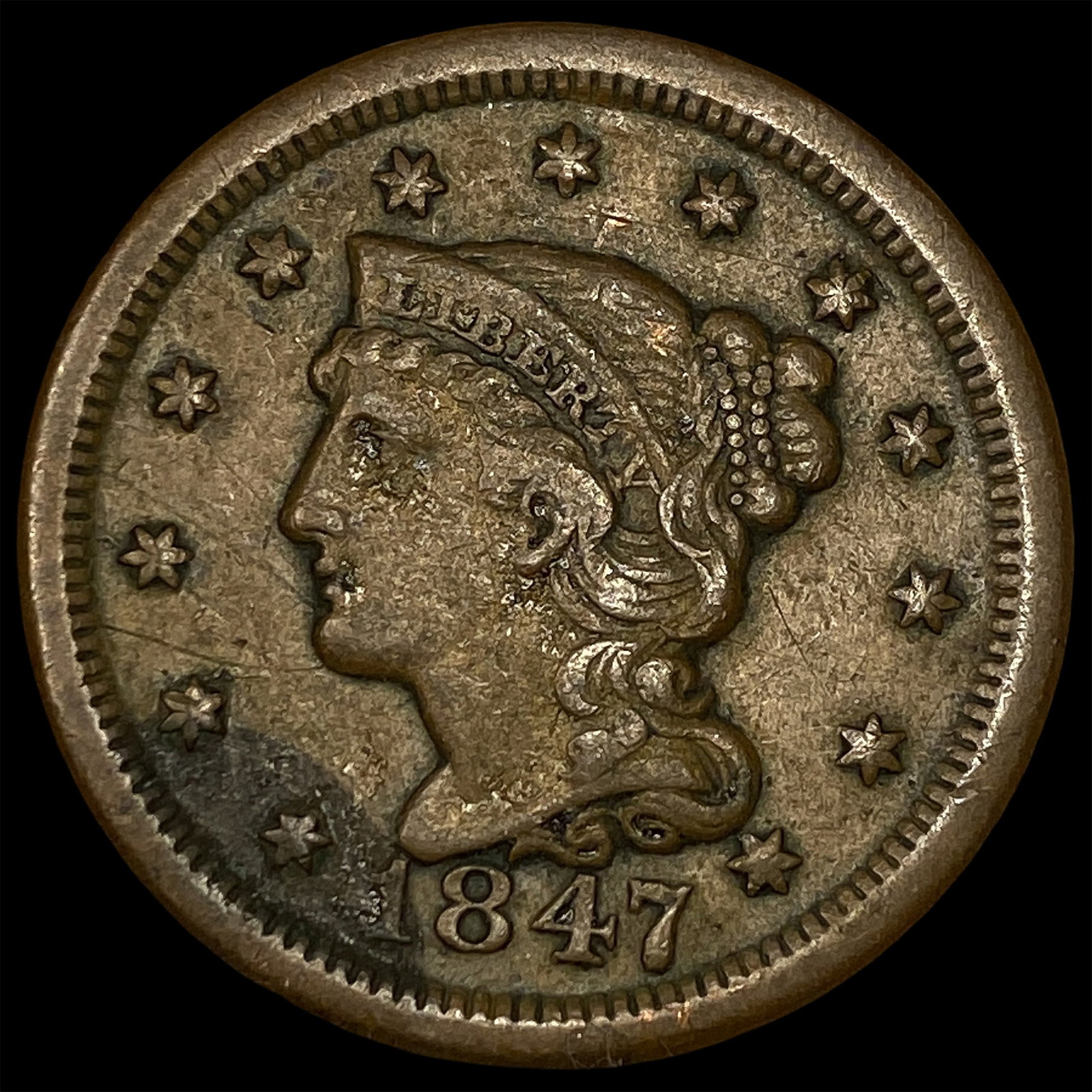 1847 Braided Hair Large Cent NEARLY UNCIRCULATED: 1847 Braided Hair Large Cent NEARLY UNCIRCULATED