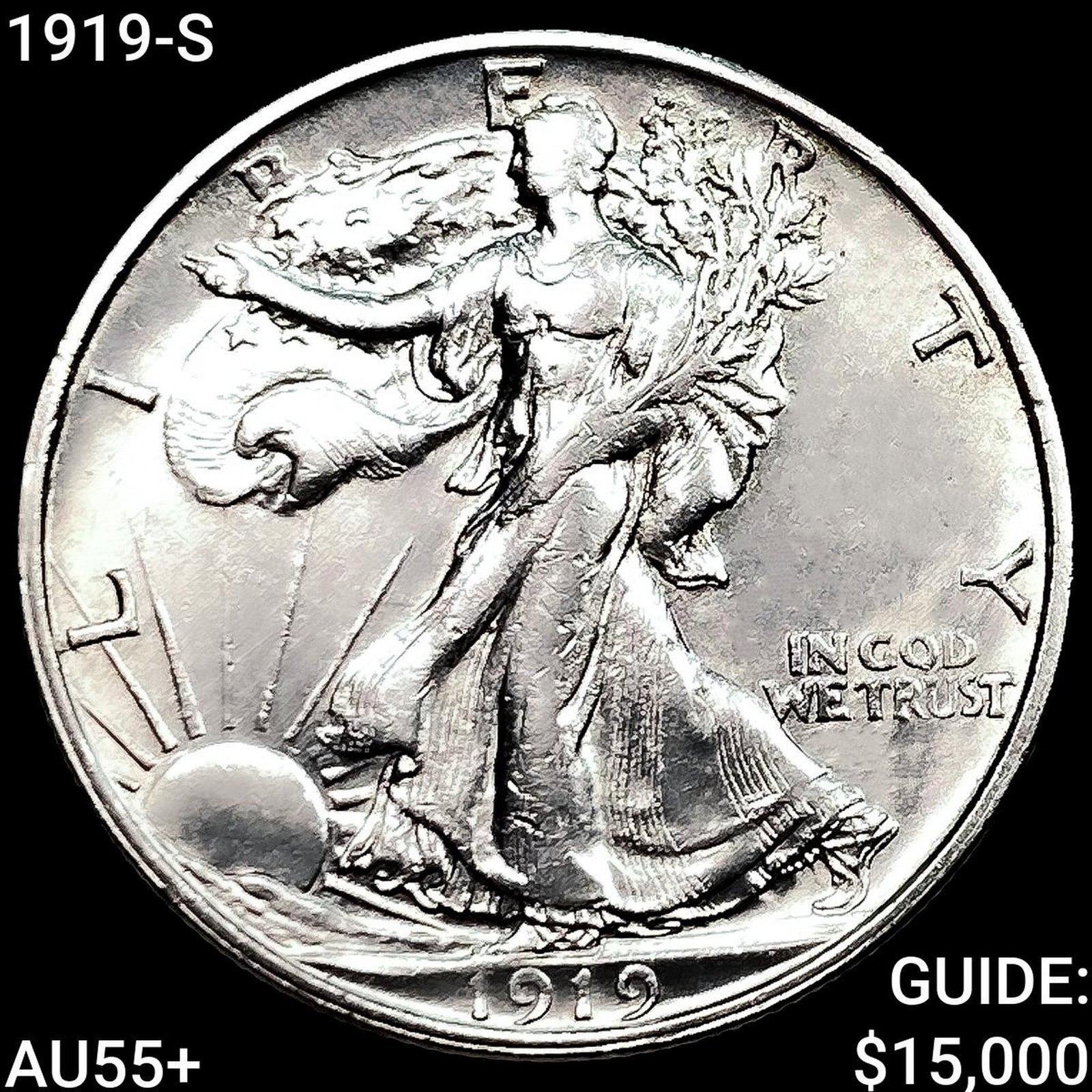 1919-S Walking Liberty Half Dollar HIGH GRADE+: 1919-S Walking Liberty Half Dollar HIGH GRADE+