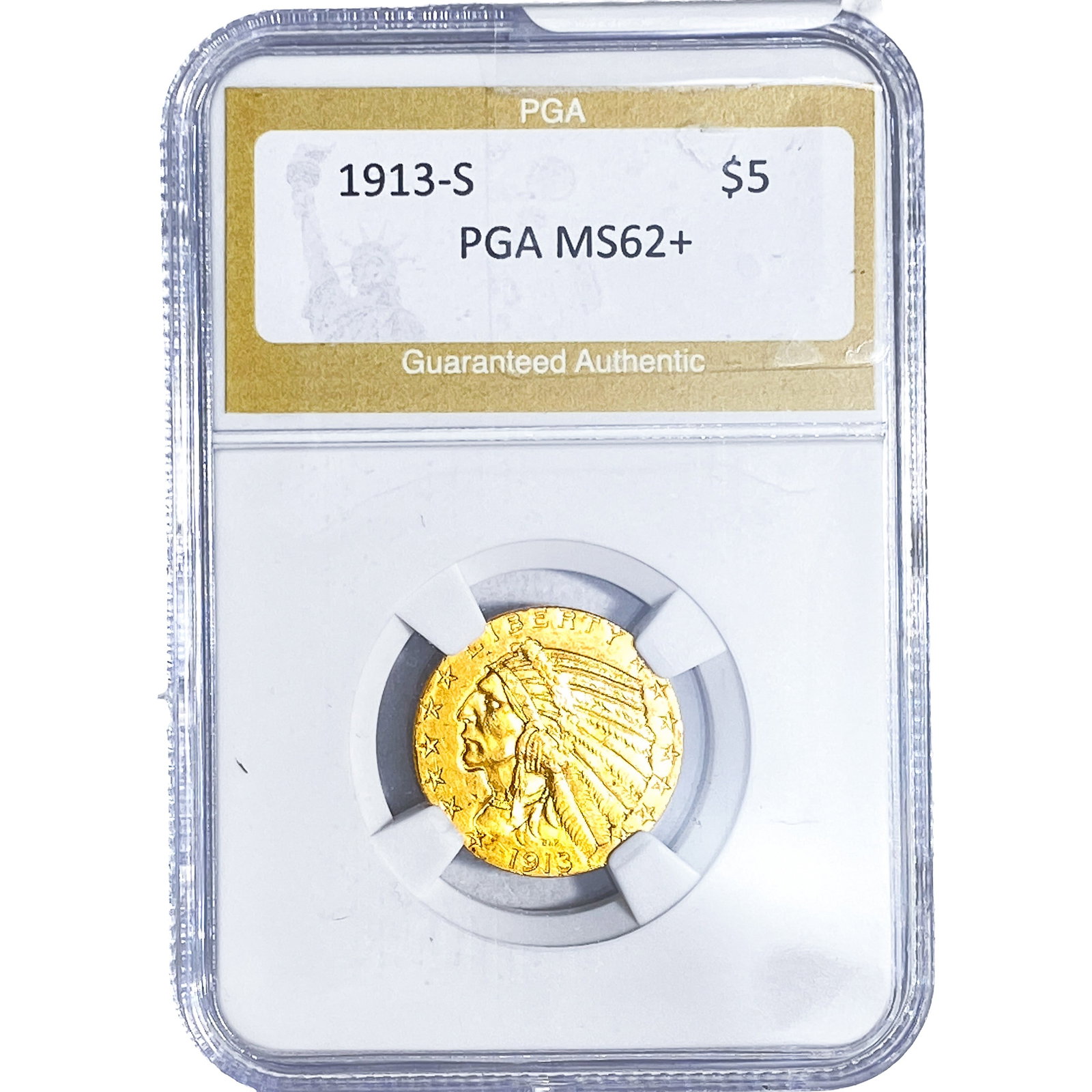 1913-S $5 Gold Half Eagle PGA MS62+: 1913-S $5 Gold Half Eagle PGA MS62+