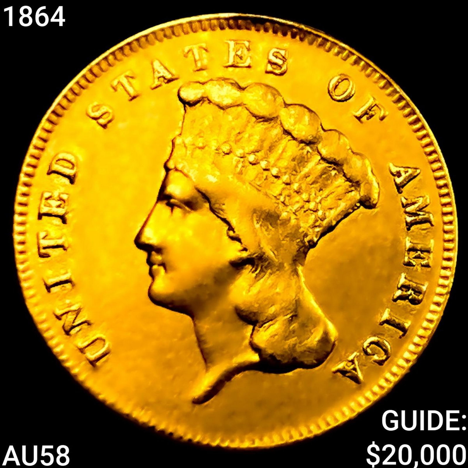 1864 $3 Gold Piece CHOICE AU: 1864 $3 Gold Piece CHOICE AU