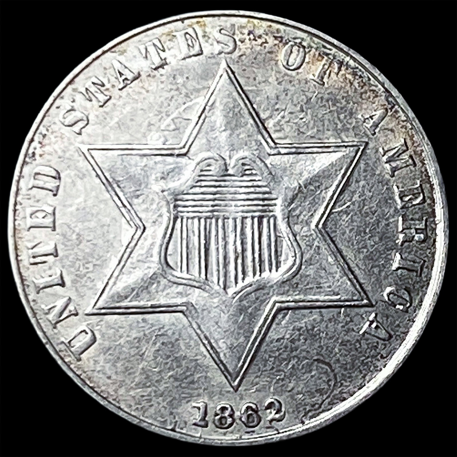 1862 Silver Three-Cent Piece CLOSELY UNCIRCULATED: 1862 Silver Three-Cent Piece CLOSELY UNCIRCULATED