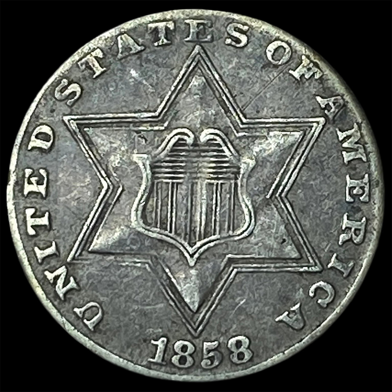 1858 Silver Three-Cent Piece NEARLY UNCIRCULATED: 1858 Silver Three-Cent Piece NEARLY UNCIRCULATED