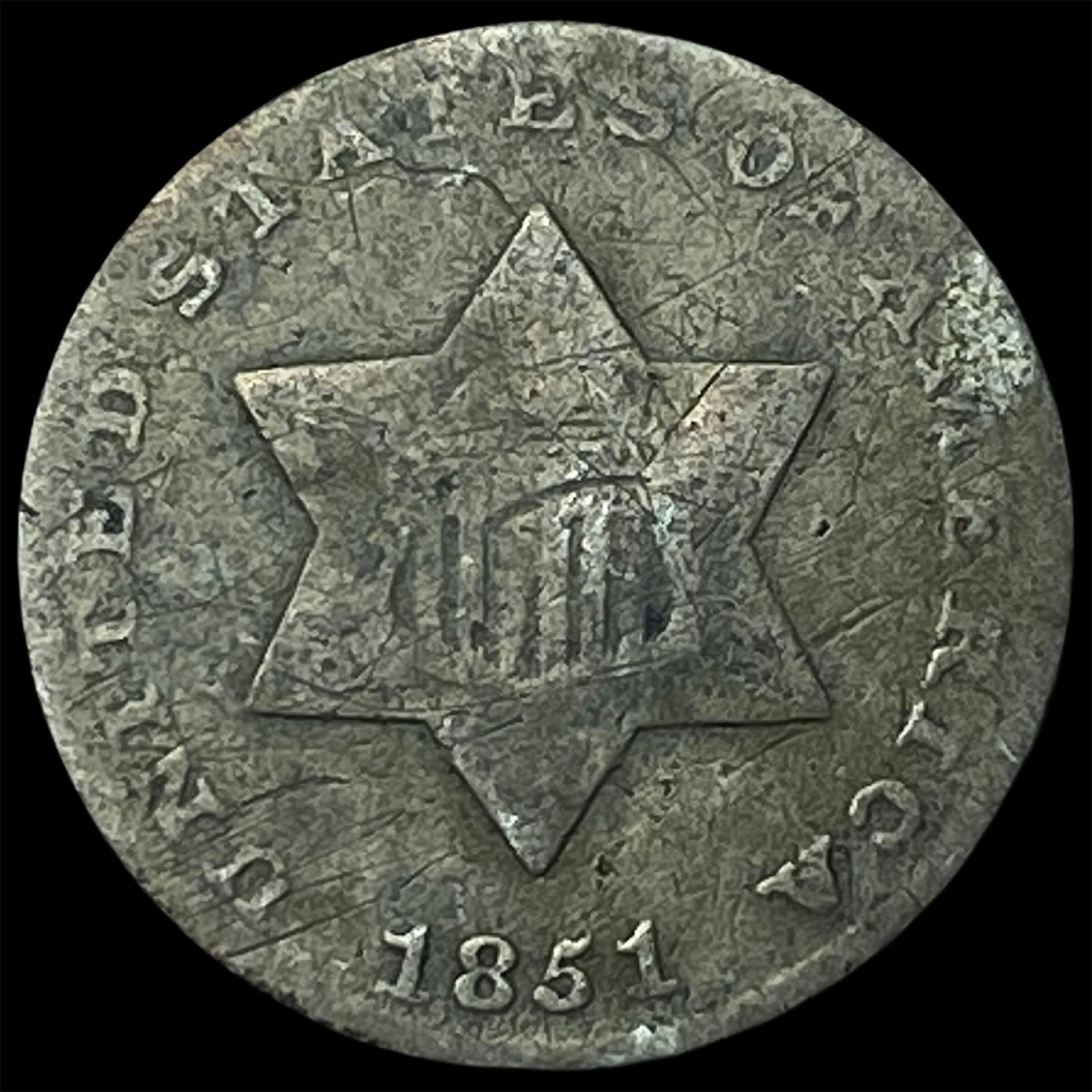 1851 Silver Three-Cent Piece NICELY CIRCULATED: 1851 Silver Three-Cent Piece NICELY CIRCULATED