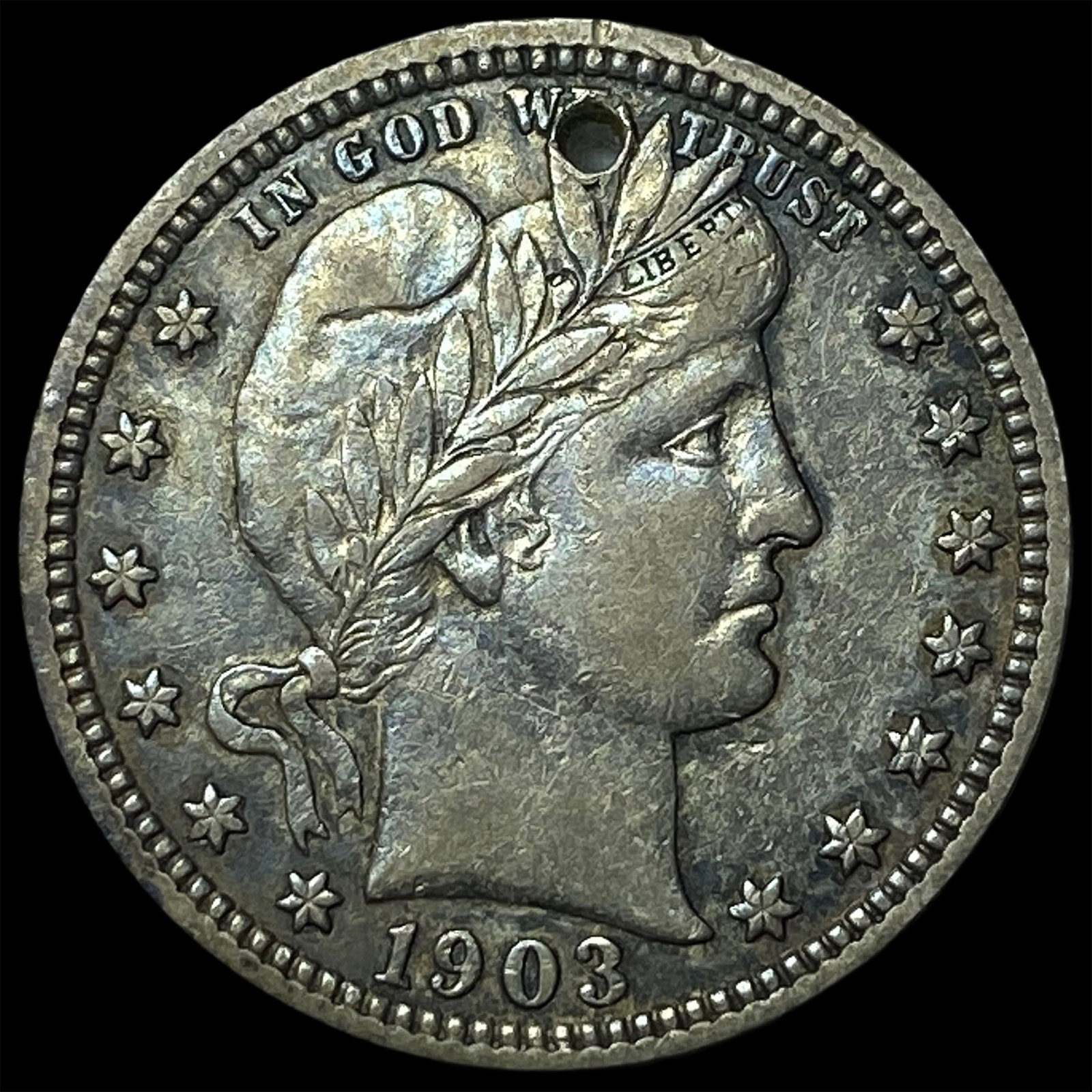 1903 Silver Barber Quarter (holed) HIGH GRADE: 1903 Silver Barber Quarter (holed) HIGH GRADE