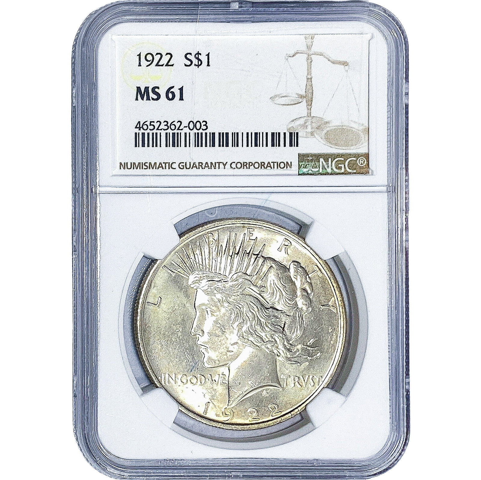 1922 Silver Peace Dollar NGC MS61: 1922 Silver Peace Dollar NGC MS61
