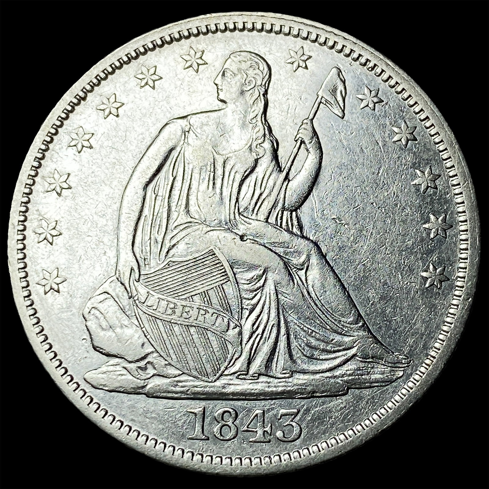 1843 Silver Seated Liberty Half Dollar CLOSELY UNCIRCULATED: 1843 Silver Seated Liberty Half Dollar CLOSELY UNCIRCULATED