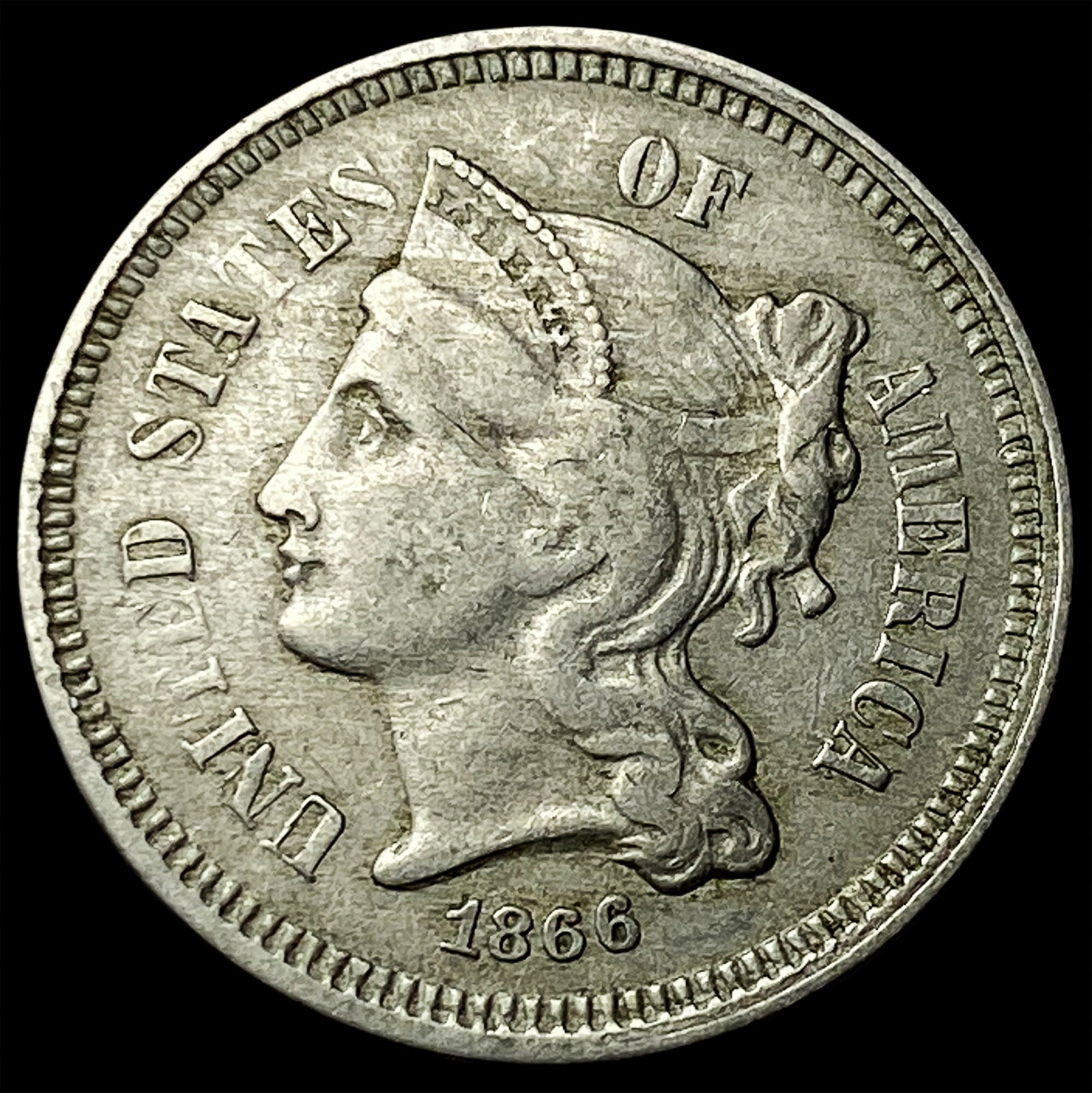1866 Nickel Three-Cent Piece NEARLY UNCIRCULATED: 1866 Nickel Three-Cent Piece NEARLY UNCIRCULATED