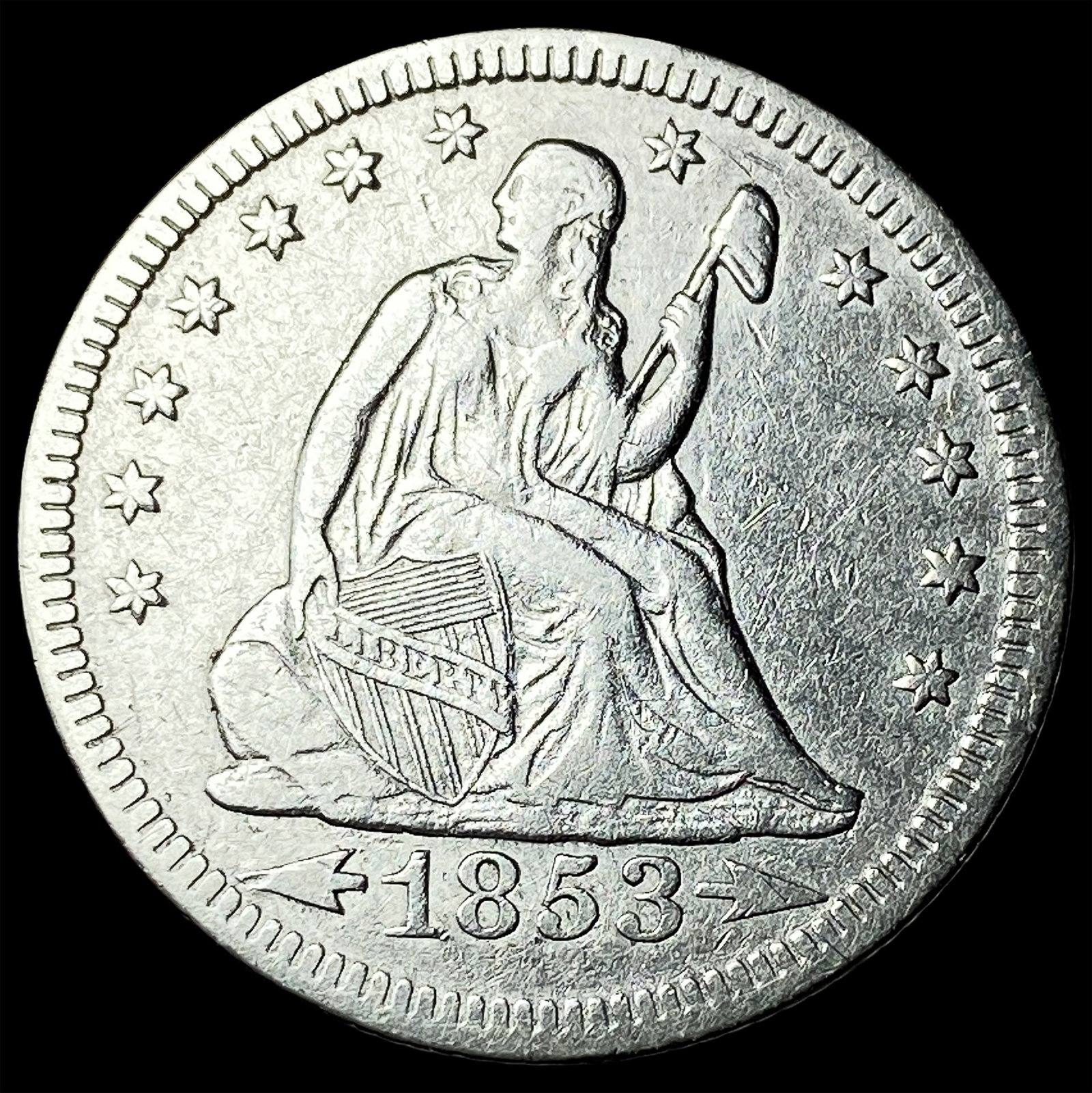 1853 Arrows/Rays Seated Liberty Quarter NEARLY UNCIRCULATED: 1853 Arrows/Rays Seated Liberty Quarter NEARLY UNCIRCULATED