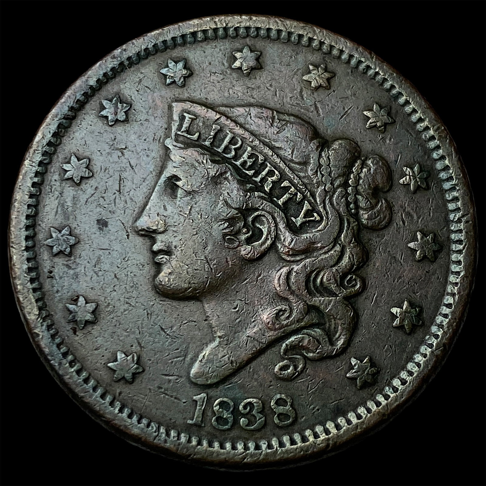 1838 Coronet Head Large Cent NEARLY UNCIRCULATED: 1838 Coronet Head Large Cent NEARLY UNCIRCULATED