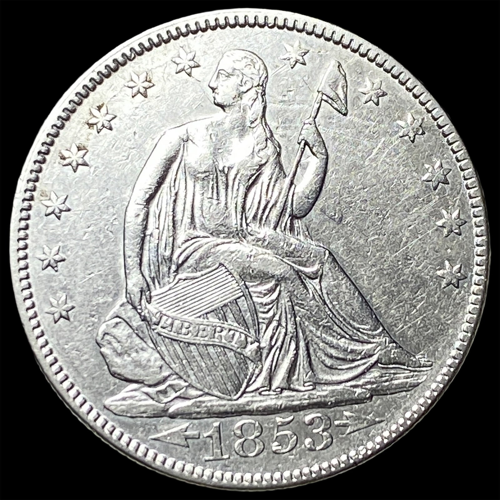 1853 Arrows/Rays Seated Liberty Half Dollar CLOSELY UNCIRCULATED: 1853 Arrows/Rays Seated Liberty Half Dollar CLOSELY UNCIRCULATED