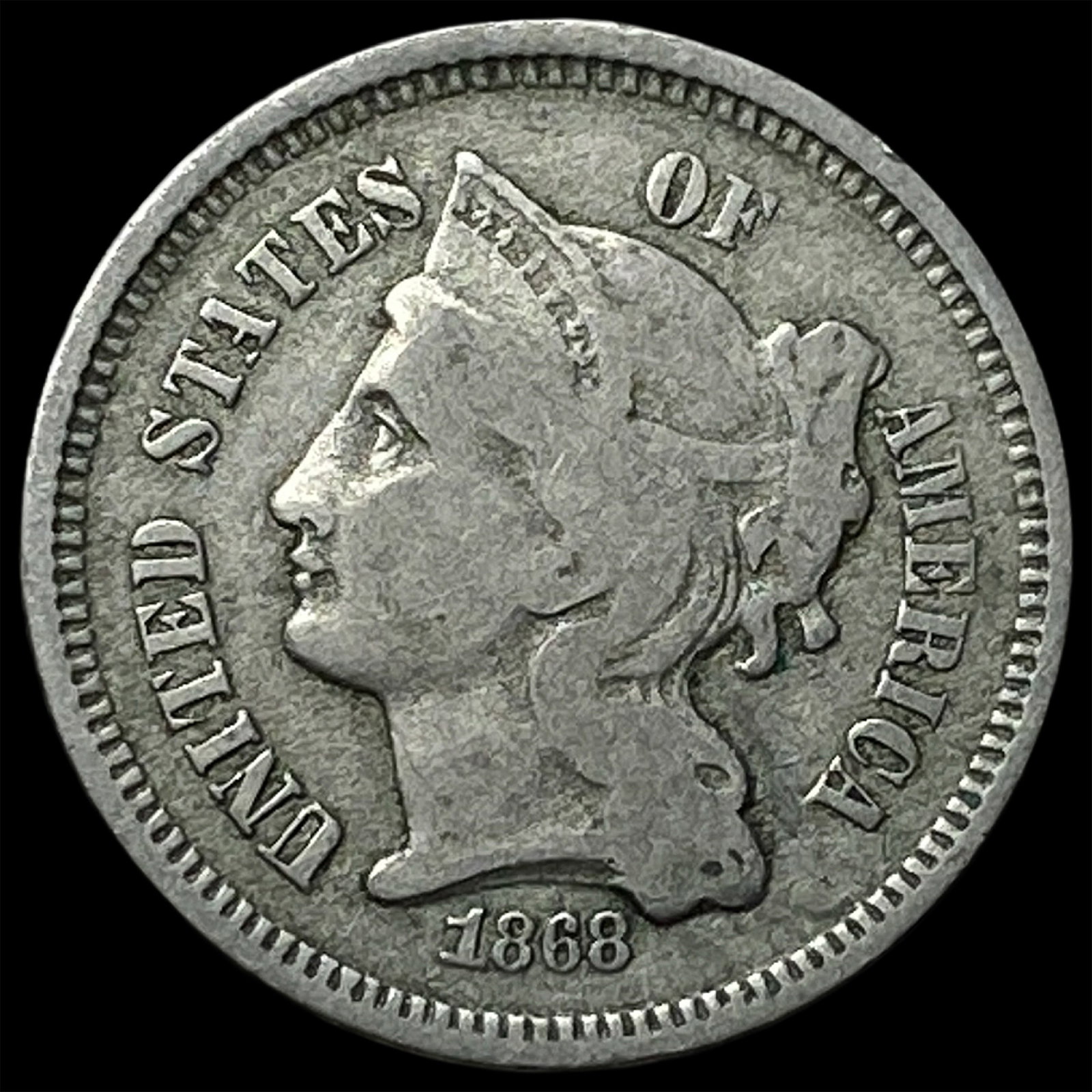 1868 Nickel Three-Cent Piece CLOSELY UNCIRCULATED: 1868 Nickel Three-Cent Piece CLOSELY UNCIRCULATED