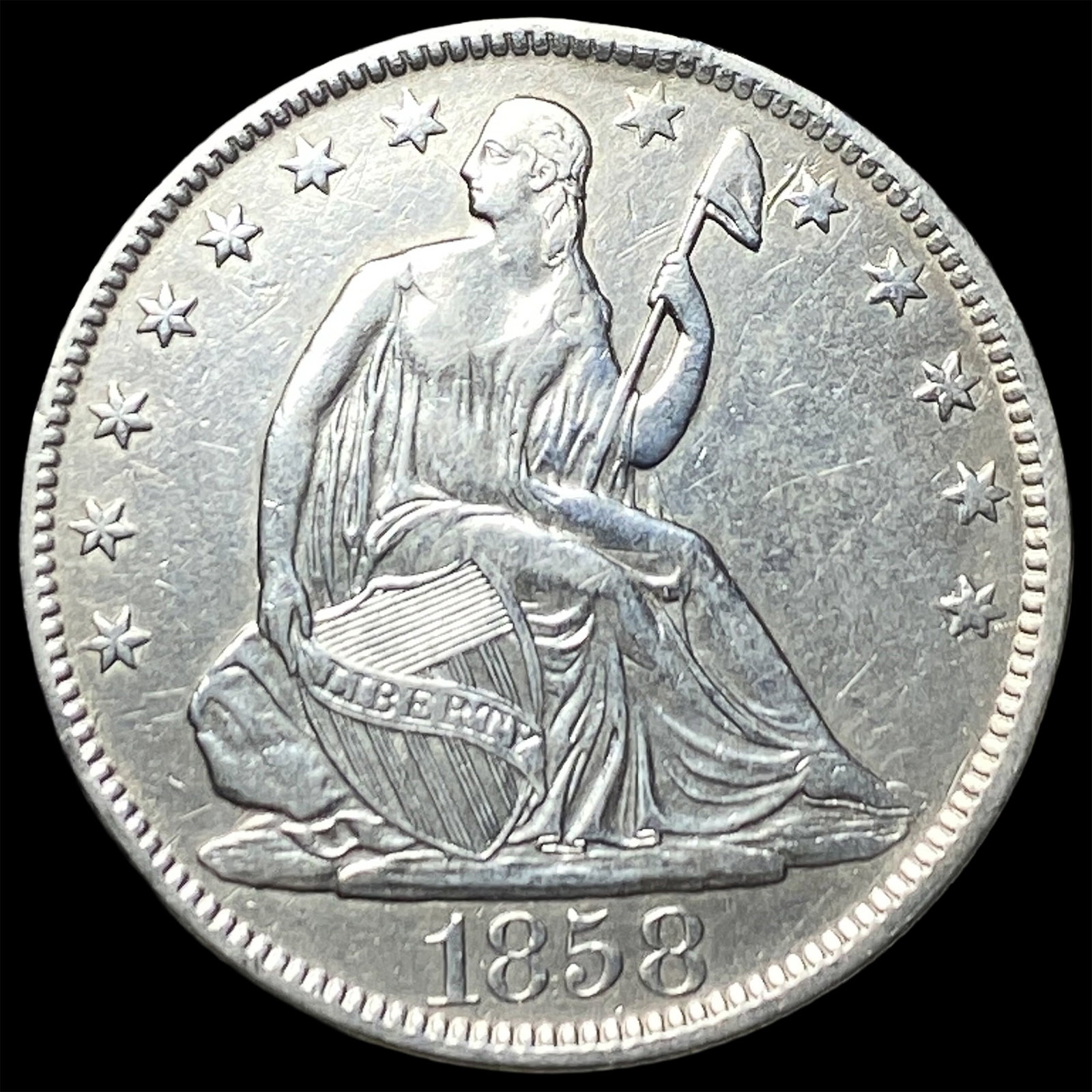 1858-O Silver Seated Liberty Half Dollar CLOSELY UNCIRCULATED (1 of 2)