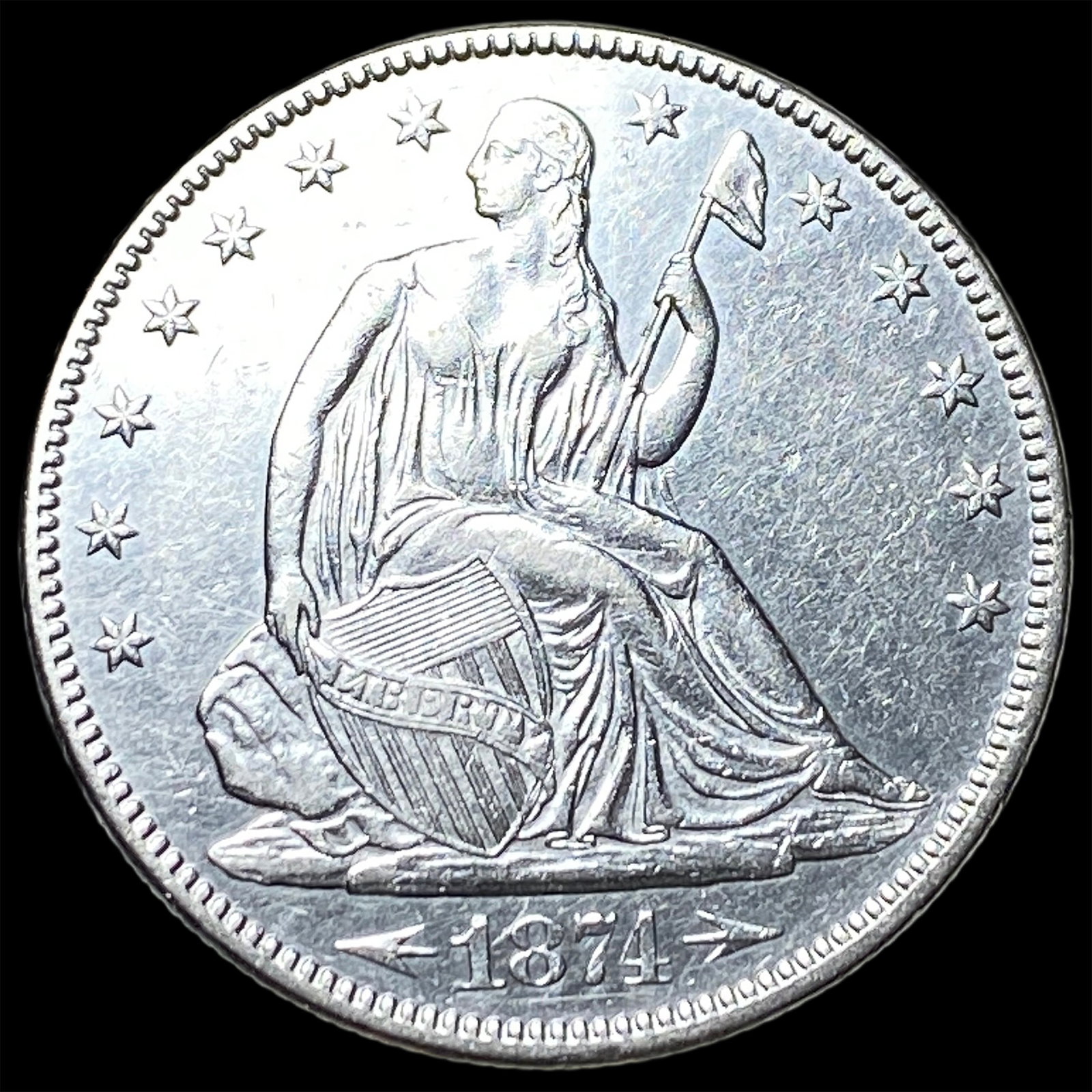 1874 Arrows Seated Liberty Silver Half Dollar CLOSELY UNCIRCULATED: 1874 Arrows Seated Liberty Silver Half Dollar CLOSELY UNCIRCULATED