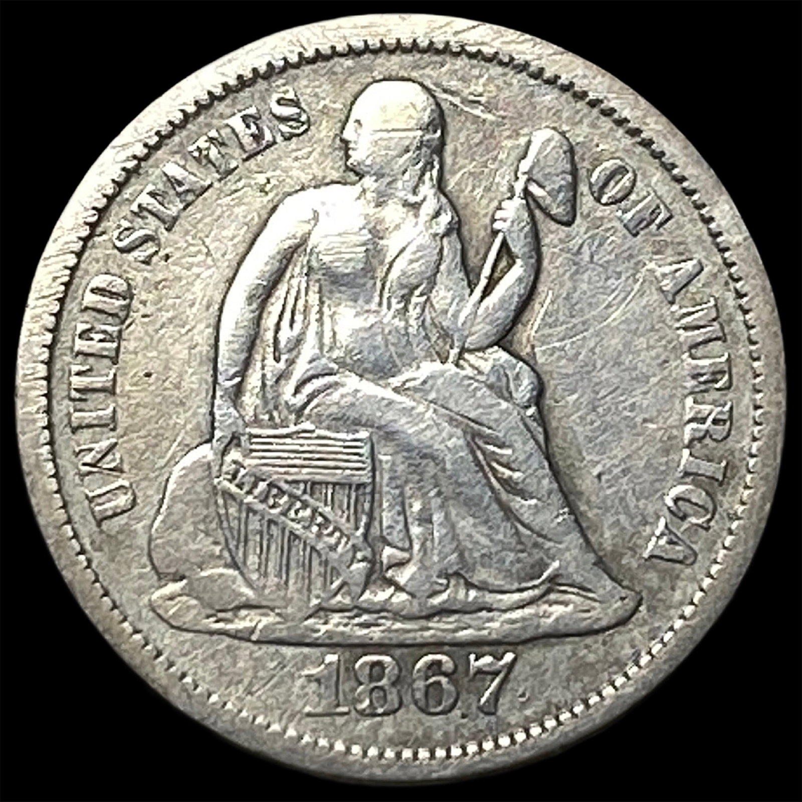 1867-S Silver Seated Liberty Dime ABOUT UNCIRCULATED: 1867-S Silver Seated Liberty Dime ABOUT UNCIRCULATED