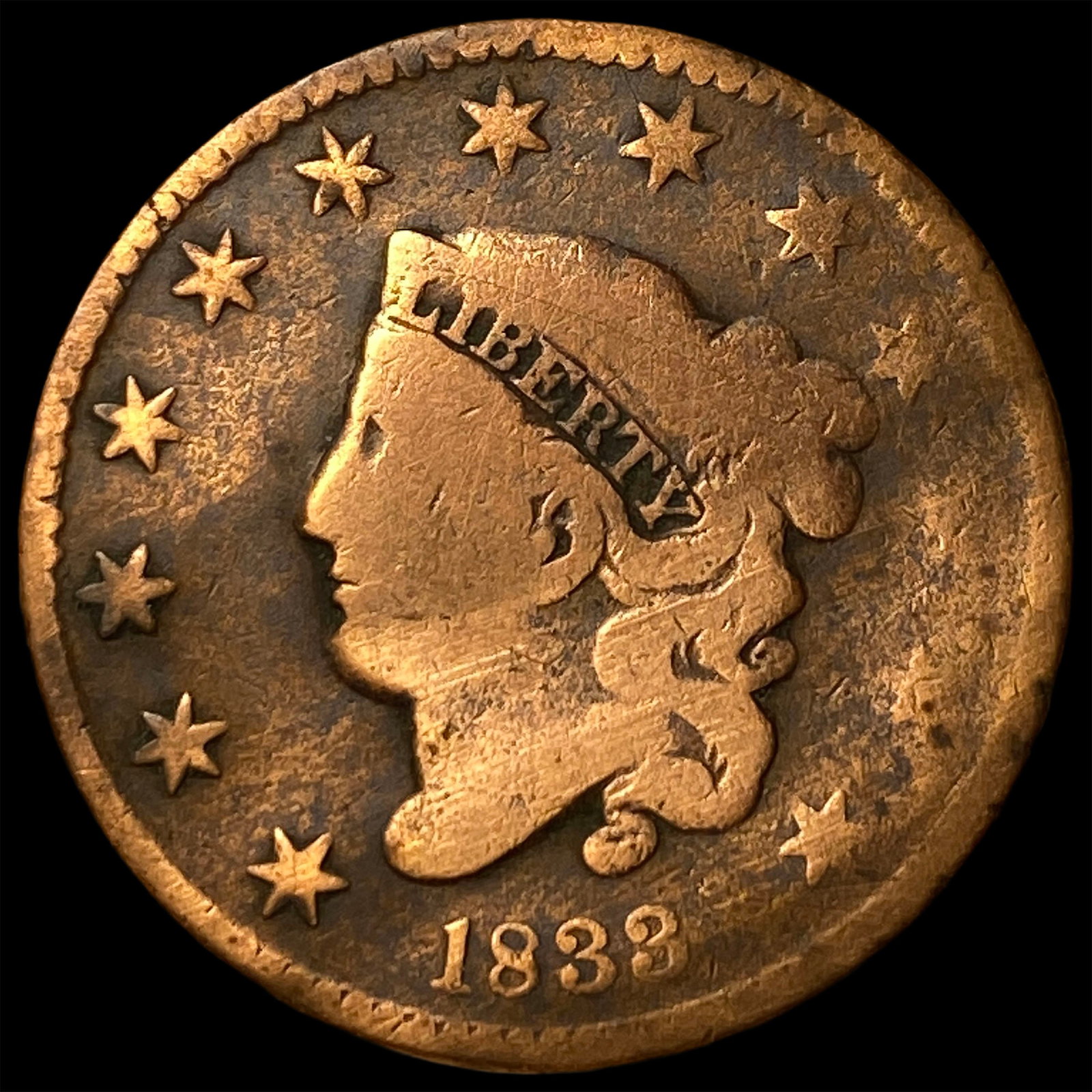 1833 Coronet Head Large Cent NICELY CIRCULATED: 1833 Coronet Head Large Cent NICELY CIRCULATED