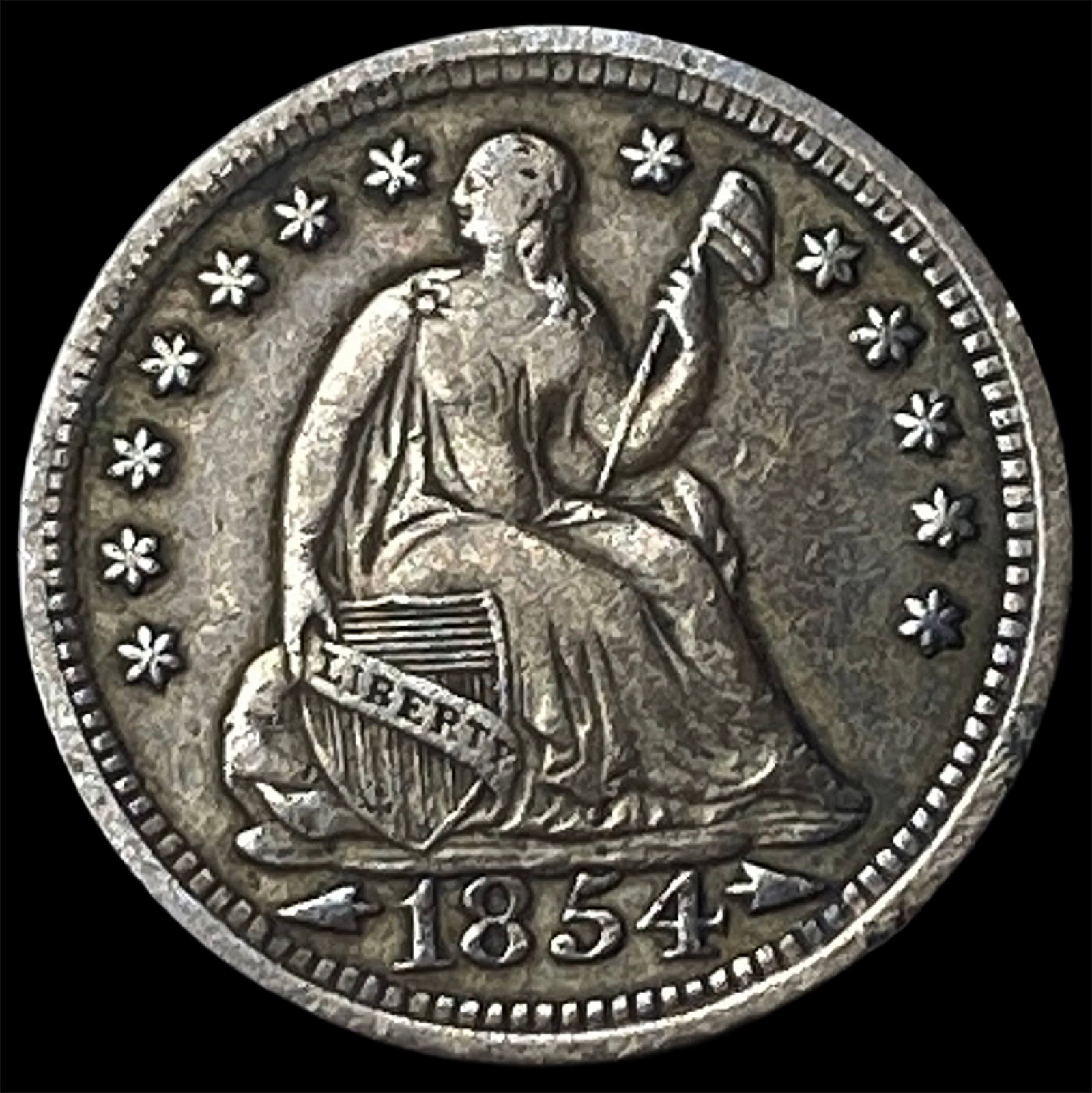 1854 Arrows Seated Liberty Half Dime NEARLY UNCIRCULATED: 1854 Arrows Seated Liberty Half Dime NEARLY UNCIRCULATED