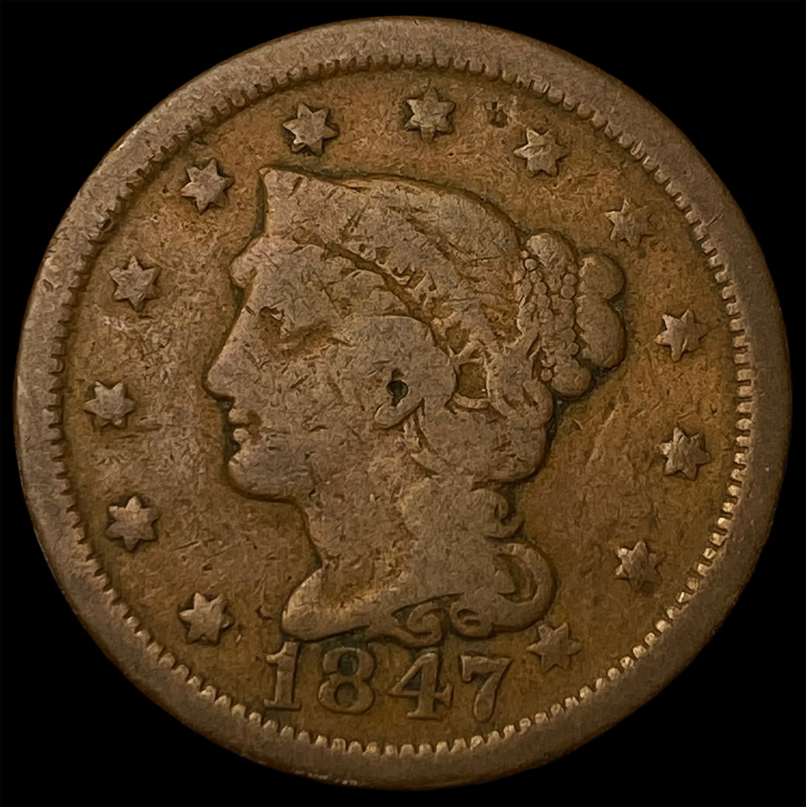 1847 Braided Hair Large Cent NICELY CIRCULATED: 1847 Braided Hair Large Cent NICELY CIRCULATED