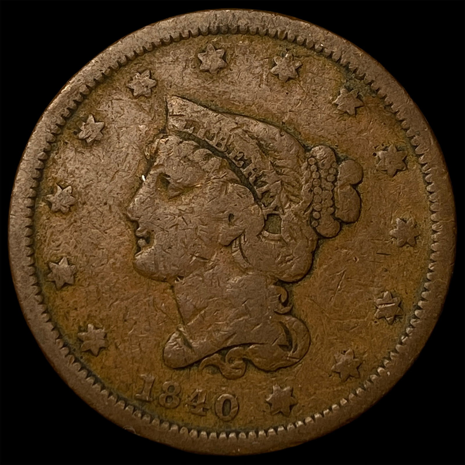 1840 Braided Hair Large Cent NICELY CIRCULATED: 1840 Braided Hair Large Cent NICELY CIRCULATED