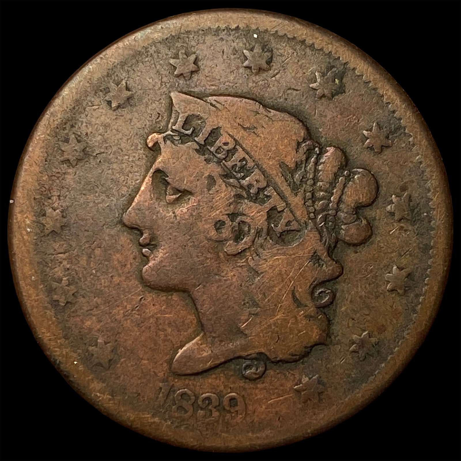 1839 Braided Hair Large Cent NICELY CIRCULATED: 1839 Braided Hair Large Cent NICELY CIRCULATED