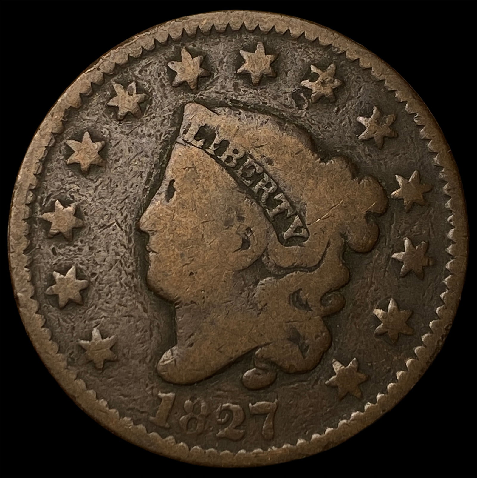 1827 Coronet Head Large Cent NICELY CIRCULATED: 1827 Coronet Head Large Cent NICELY CIRCULATED
