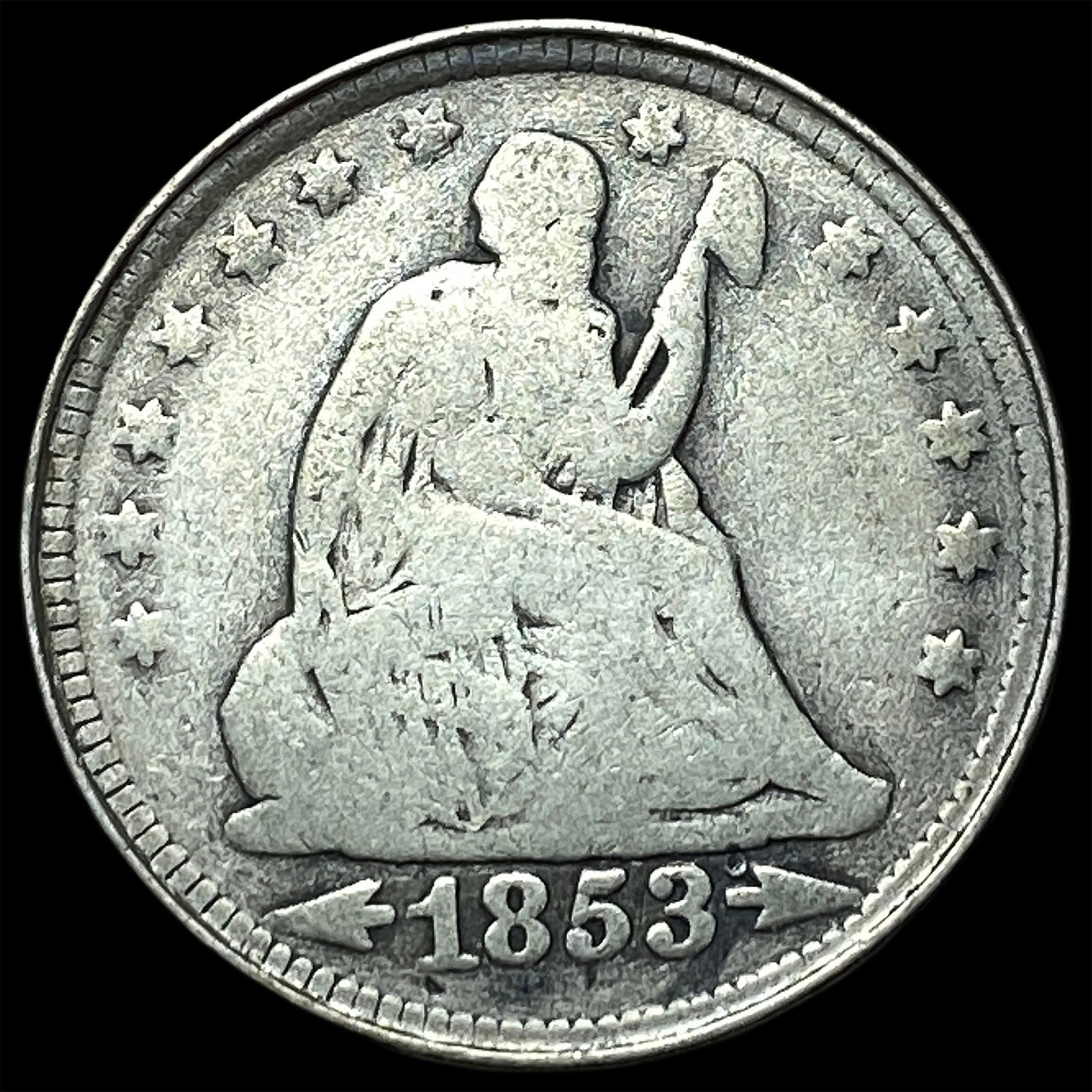 1853 Arrows/Rays Seated Liberty Quarter NICELY CIRCULATED: 1853 Arrows/Rays Seated Liberty Quarter NICELY CIRCULATED