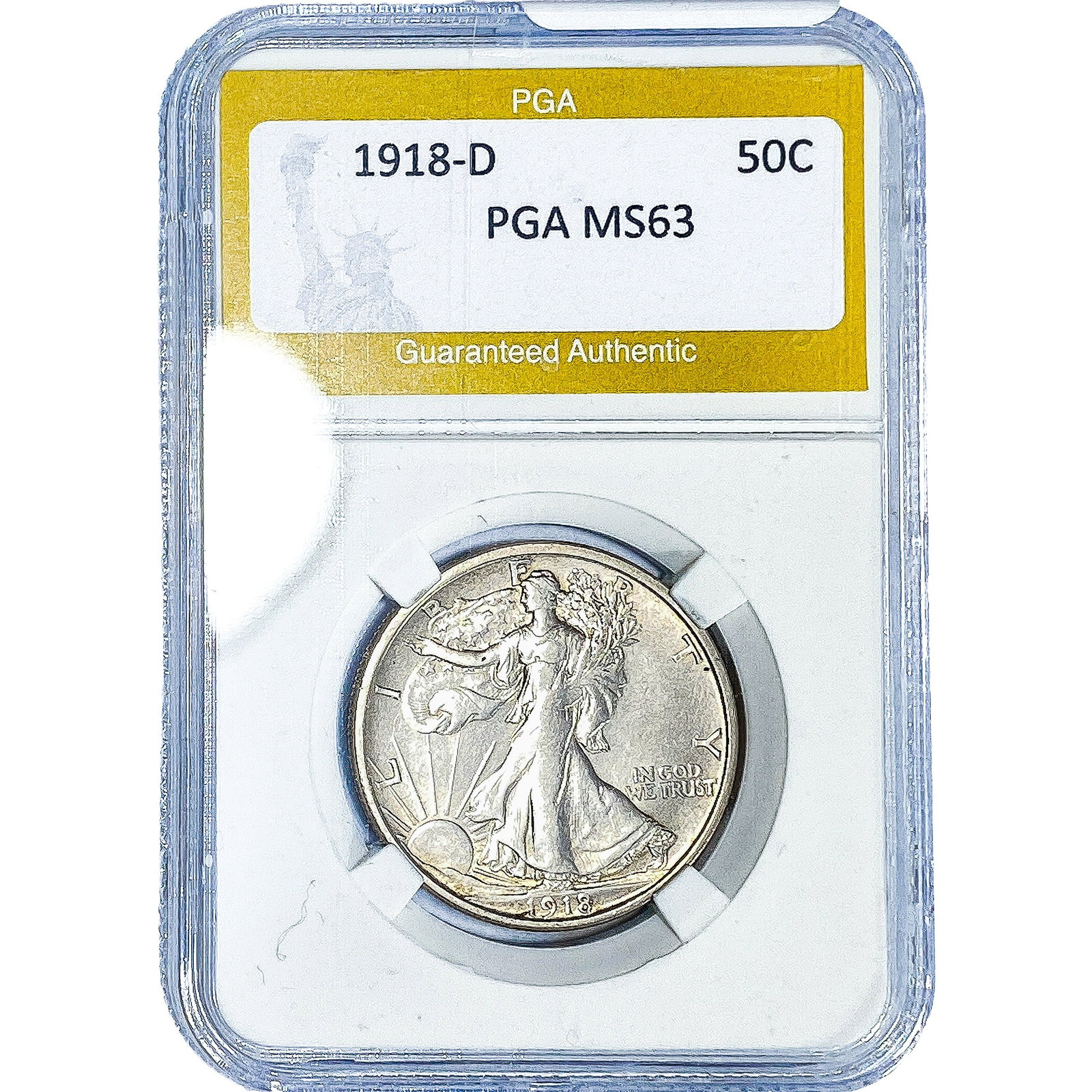 1918-D Walking Liberty Half Dollar PGA MS63: 1918-D Walking Liberty Half Dollar PGA MS63