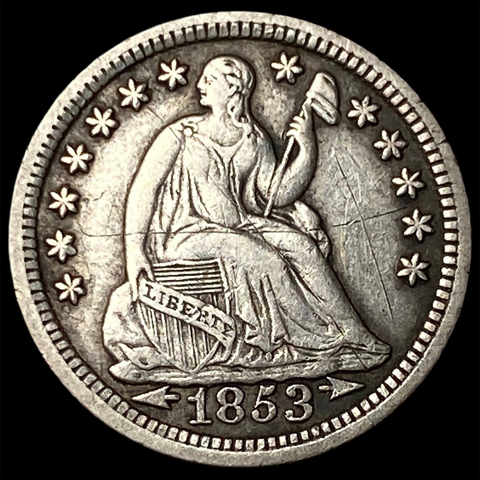 1853 Arrows Seated Liberty Half Dime NEARLY UNCIRCULATED: 1853 Arrows Seated Liberty Half Dime NEARLY UNCIRCULATED