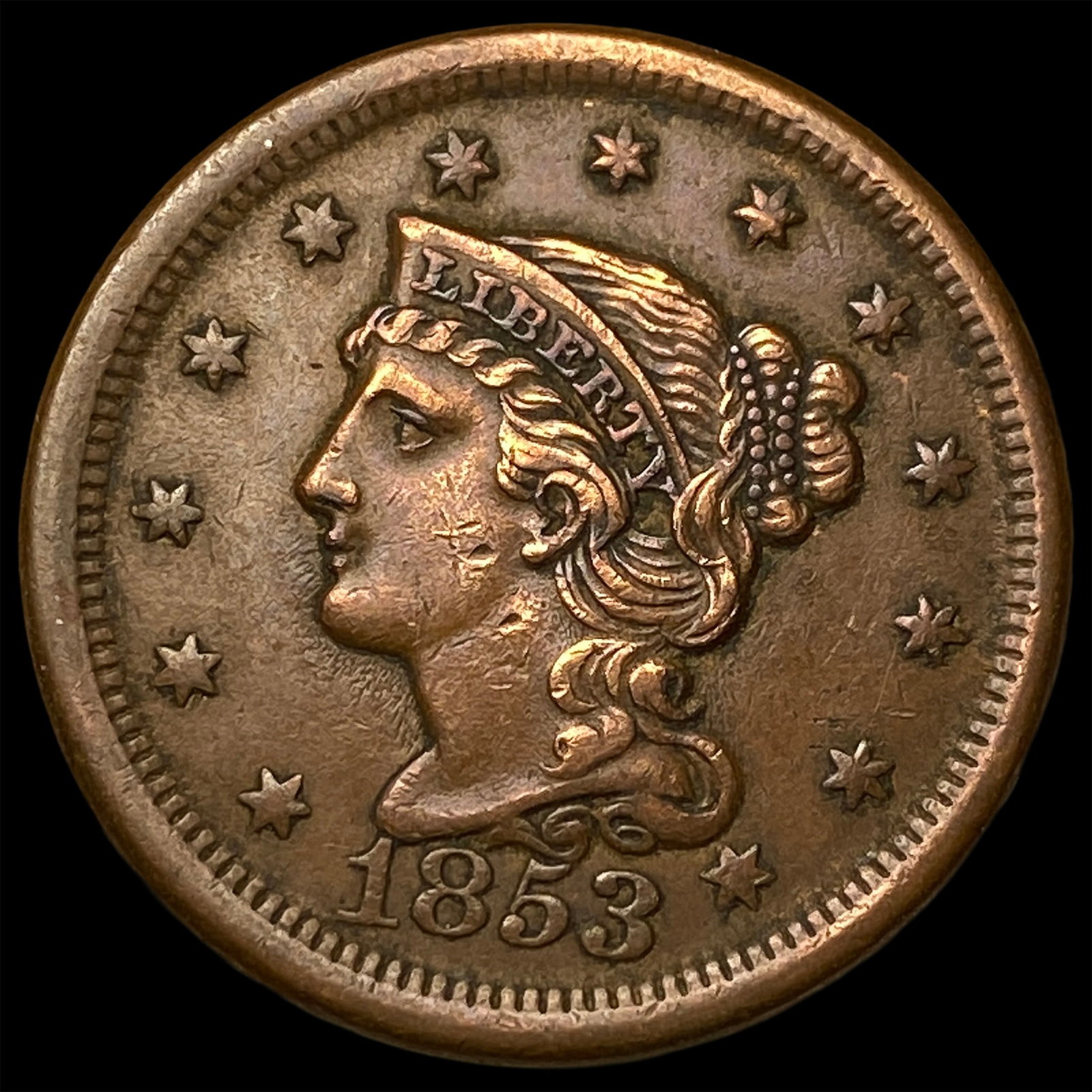 1853 Braided Hair Large Cent CLOSELY UNCIRCULATED: 1853 Braided Hair Large Cent CLOSELY UNCIRCULATED