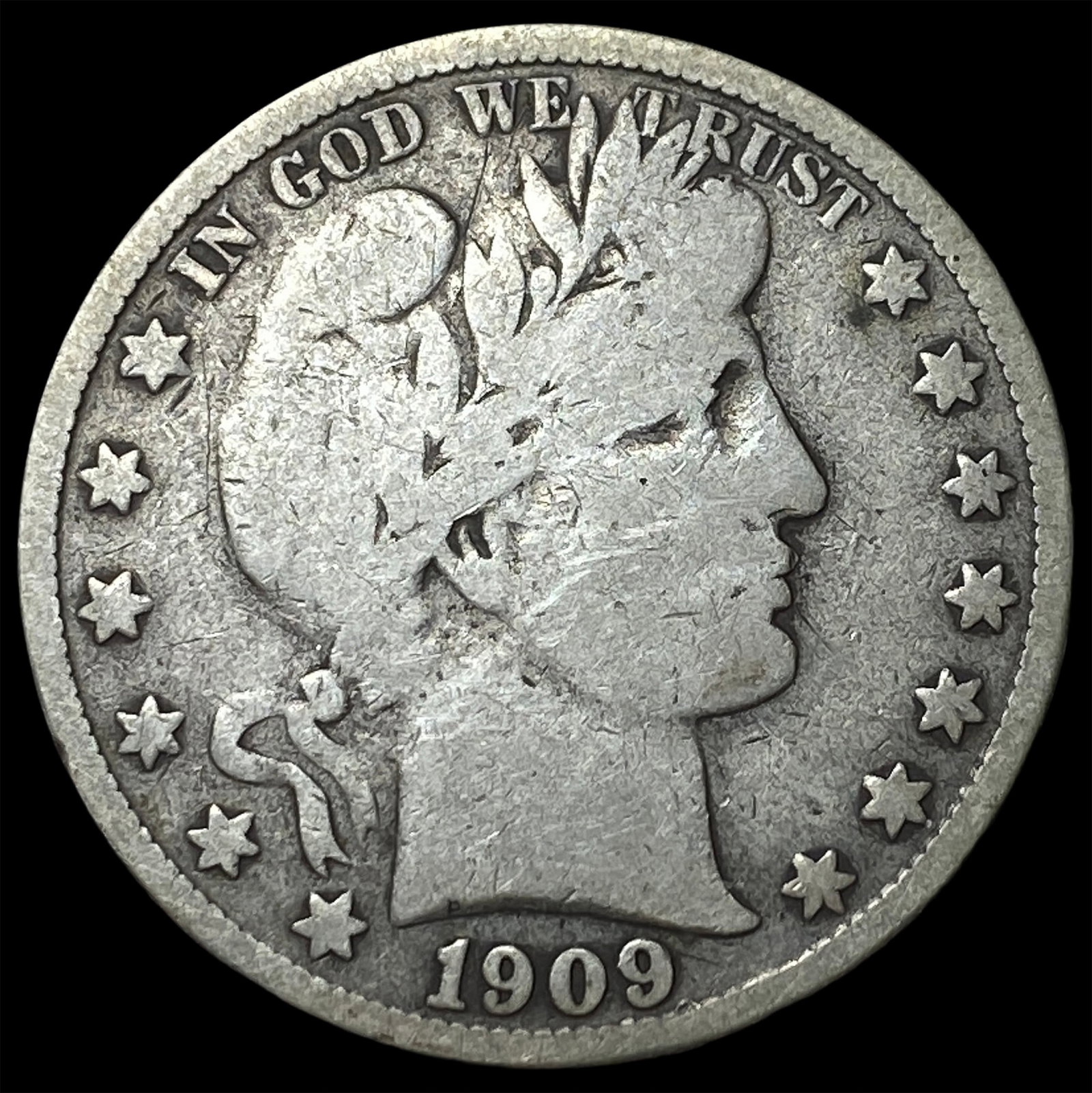 1909-S Silver Barber Half Dollar NICELY CIRCULATED: 1909-S Silver Barber Half Dollar NICELY CIRCULATED