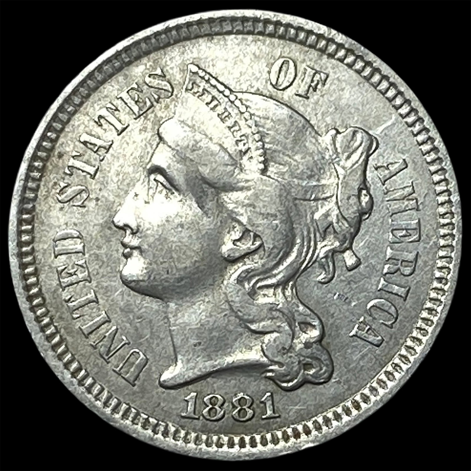 1881 Nickel Three-Cent Piece CLOSELY UNCIRCULATED: 1881 Nickel Three-Cent Piece CLOSELY UNCIRCULATED