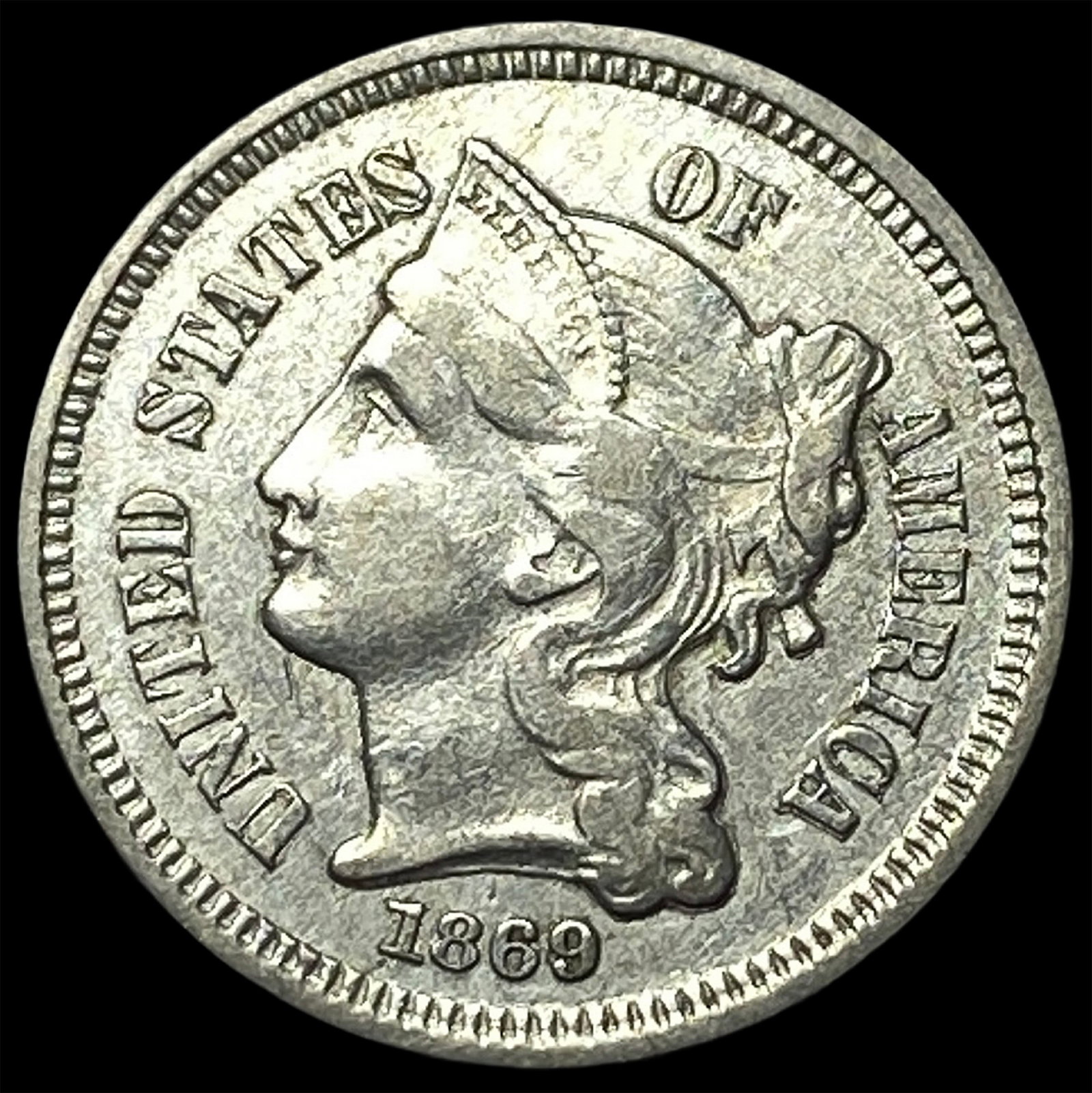 1869 Nickel Three-Cent Piece CLOSELY UNCIRCULATED: 1869 Nickel Three-Cent Piece CLOSELY UNCIRCULATED