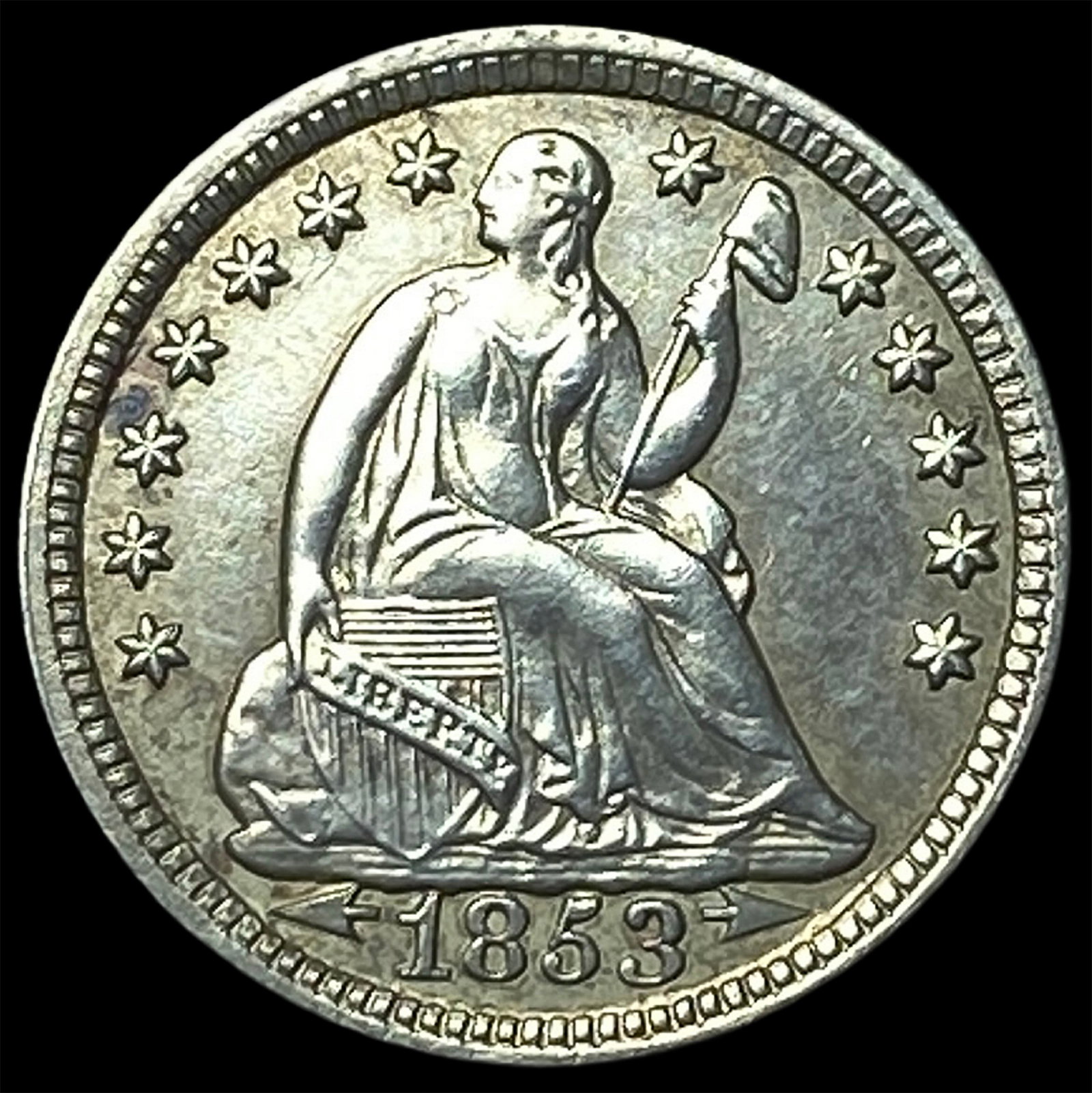 1853 Arrows Seated Liberty Half Dime CLOSELY UNCIRCULATED: 1853 Arrows Seated Liberty Half Dime CLOSELY UNCIRCULATED