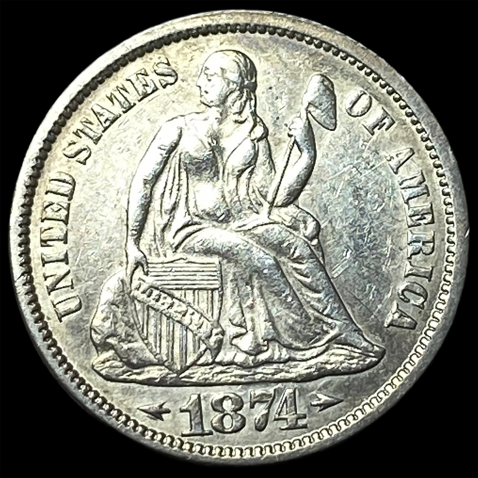 1874 Arrows Seated Liberty Dime CLOSELY UNCIRCULATED: 1874 Arrows Seated Liberty Dime CLOSELY UNCIRCULATED