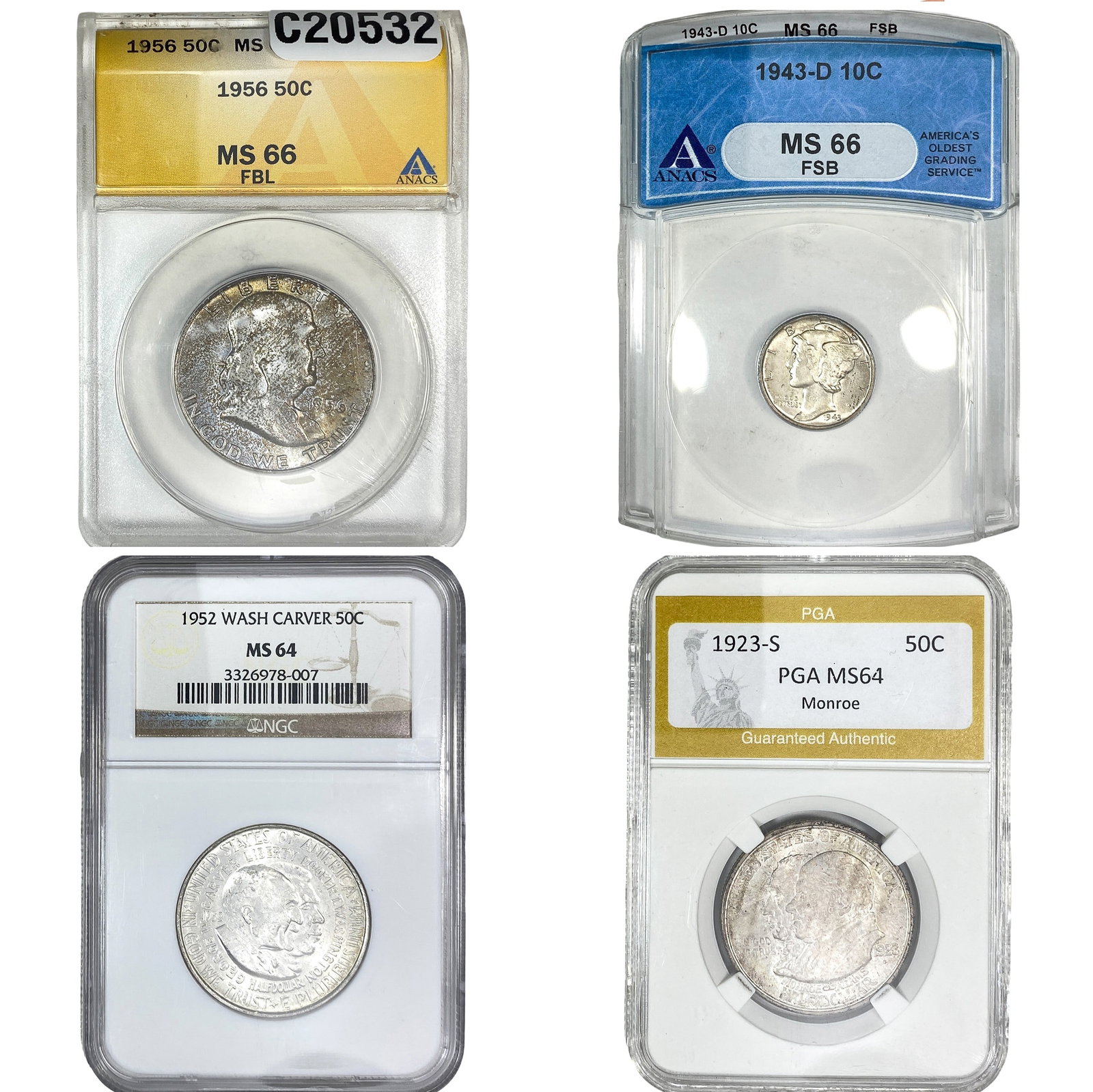 [4 Coins] 1923-1956 U.S. Coin Lot 10C-50C MS64-66 (1 of 2)