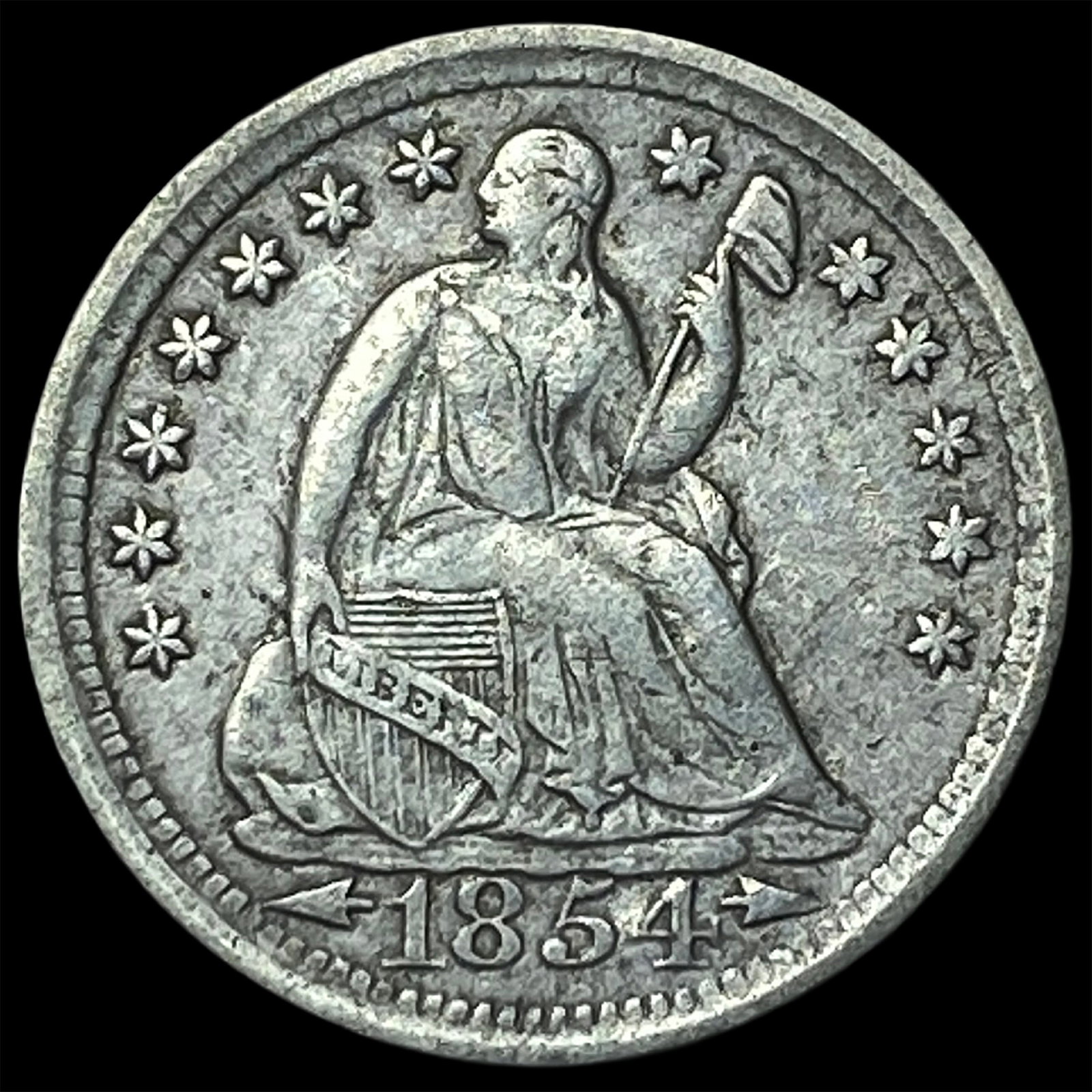 1854 Arrows Seated Liberty Half Dime NEARLY UNCIRCULATED: 1854 Arrows Seated Liberty Half Dime NEARLY UNCIRCULATED
