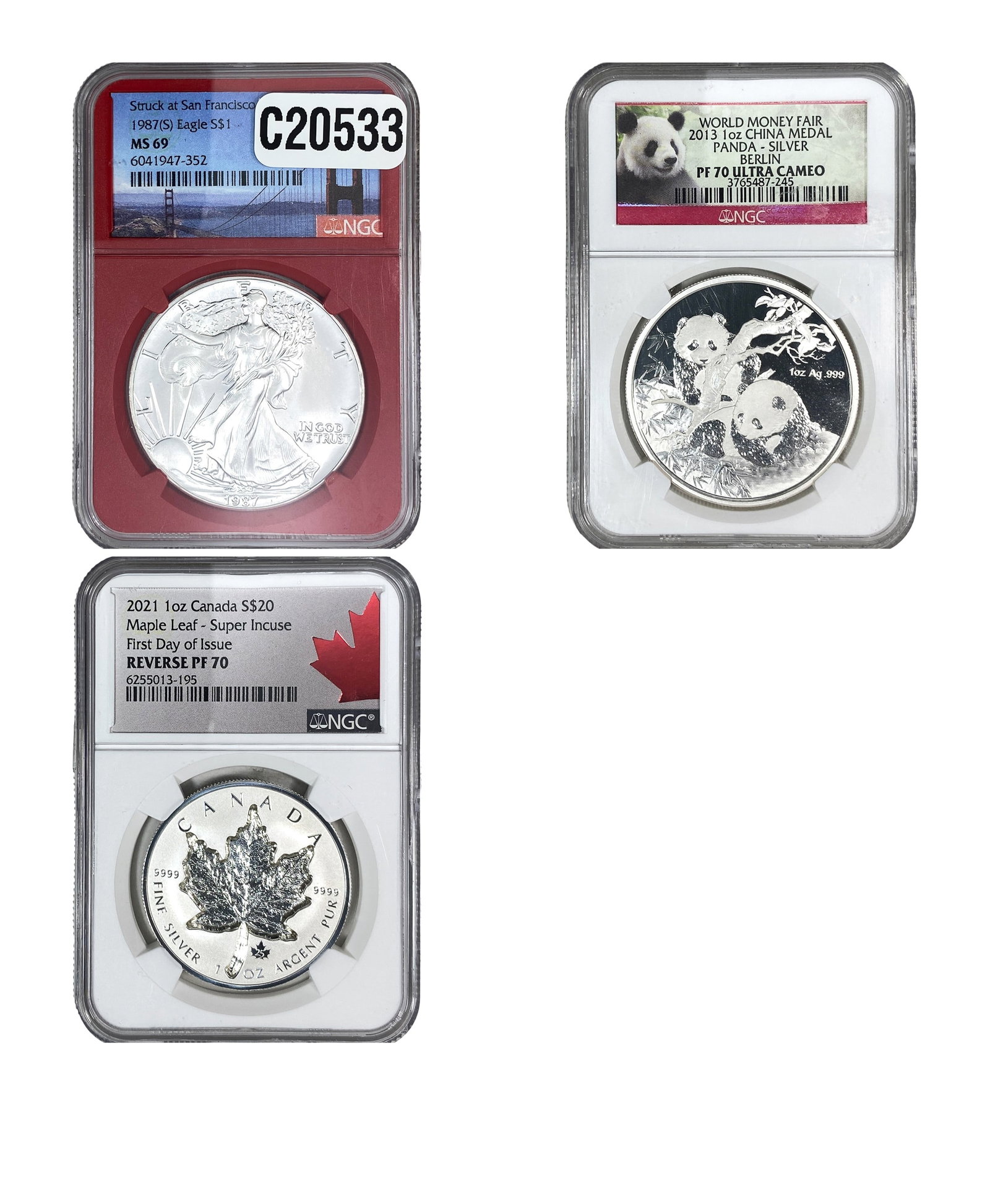 [3 Coins] 1987-2021 Silver 1 oz Coins NGC PF/MS69-70 (1 of 2)