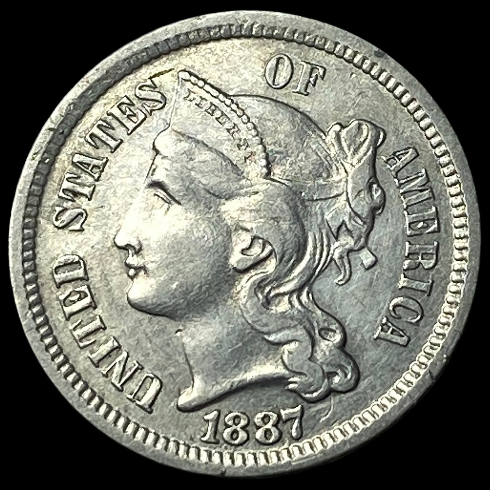 1887 Nickel Three-Cent Piece CLOSELY UNCIRCULATED: 1887 Nickel Three-Cent Piece CLOSELY UNCIRCULATED
