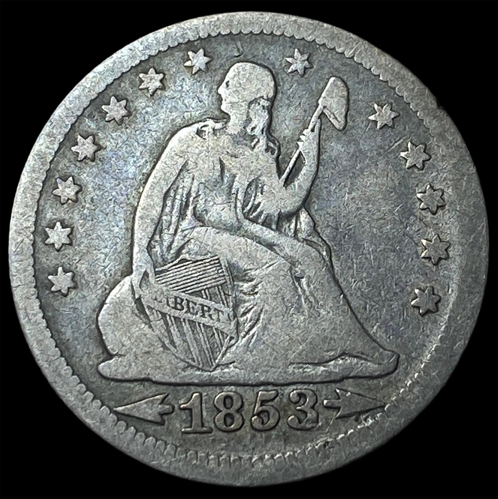 1853 Arrows/Rays Seated Liberty Quarter LIGHTLY CIRCULATED (1 of 2)