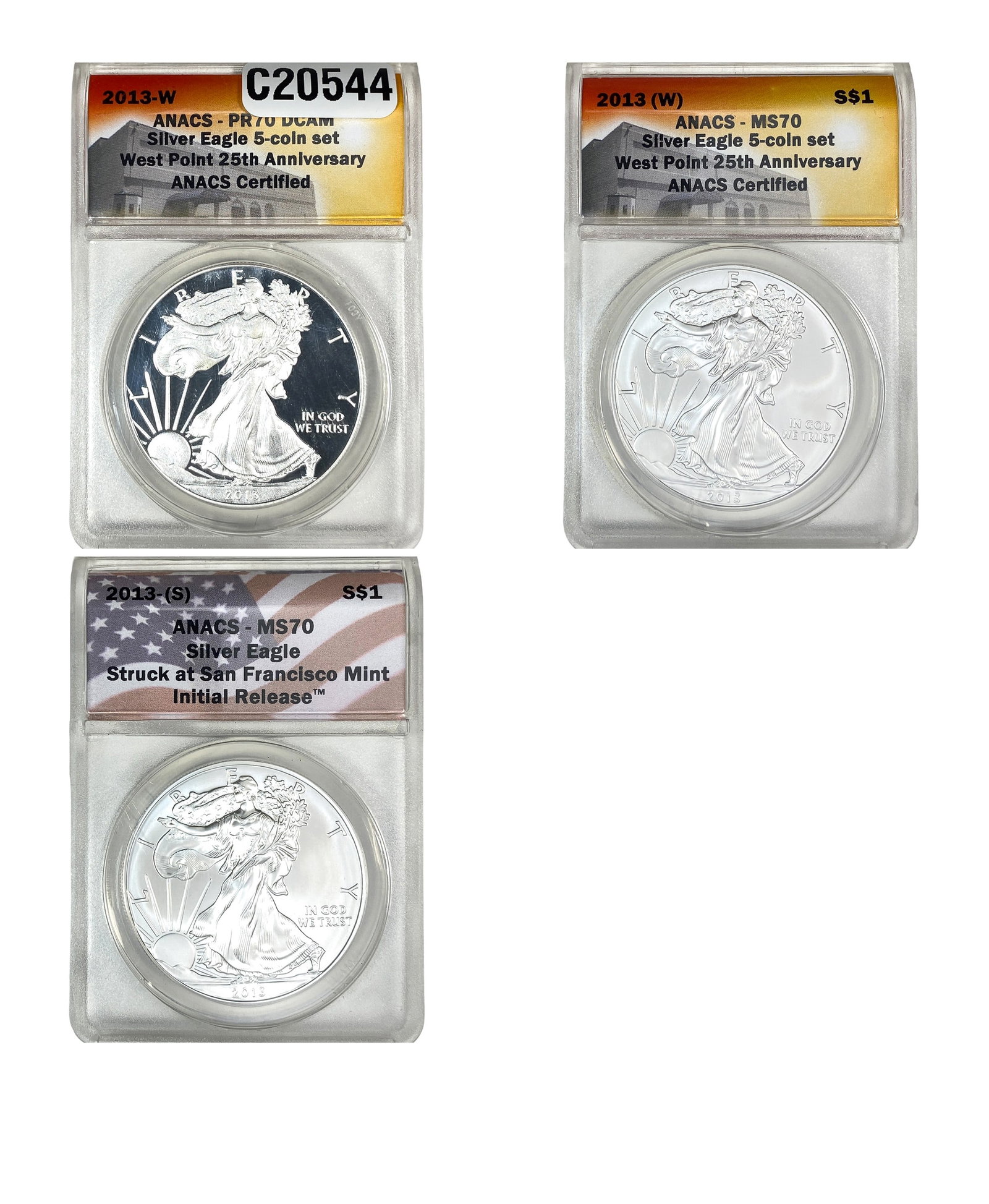 [3 Coins] 2013 Silver Eagle ANACS PR/MS70: [3 Coins] 2013 Silver Eagle ANACS PR/MS70