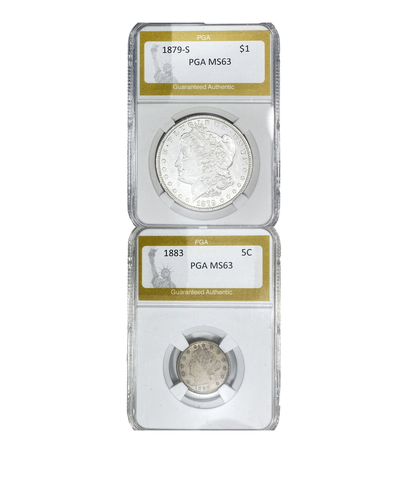 [2 Coins] 1879-1883 Morgan $1 & Victory 5C PGA MS63 (1 of 2)