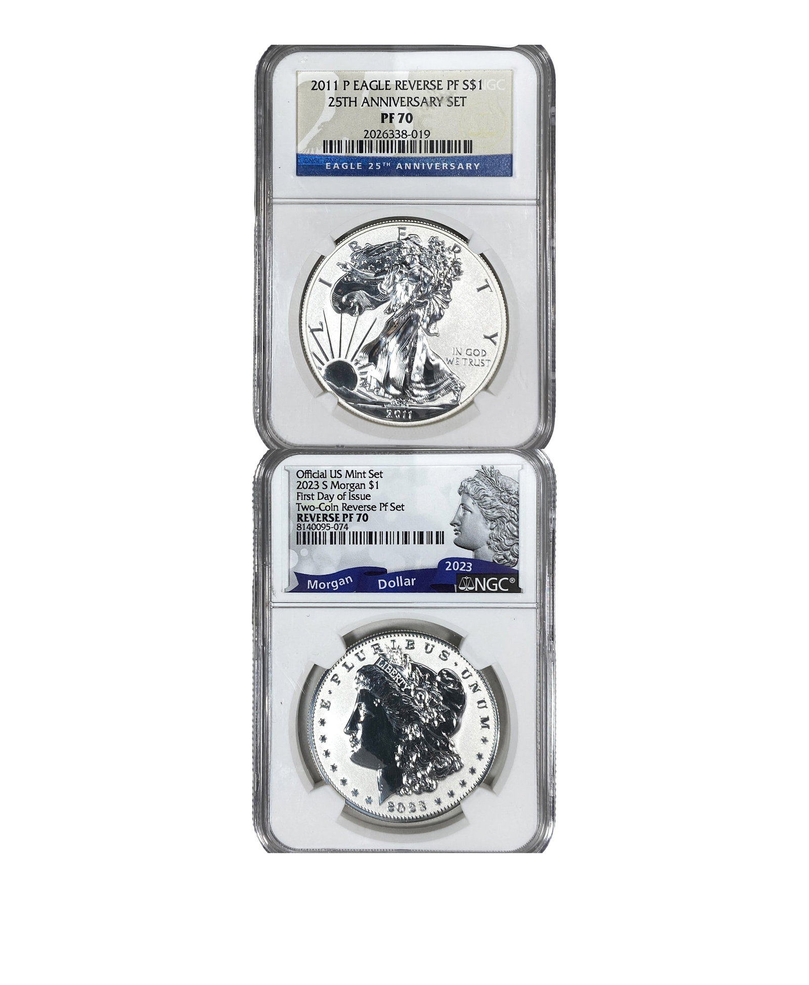 [2 Coins] 2011-2023 Morgan & Silver Eagle $1 NGC PF70 (1 of 2)