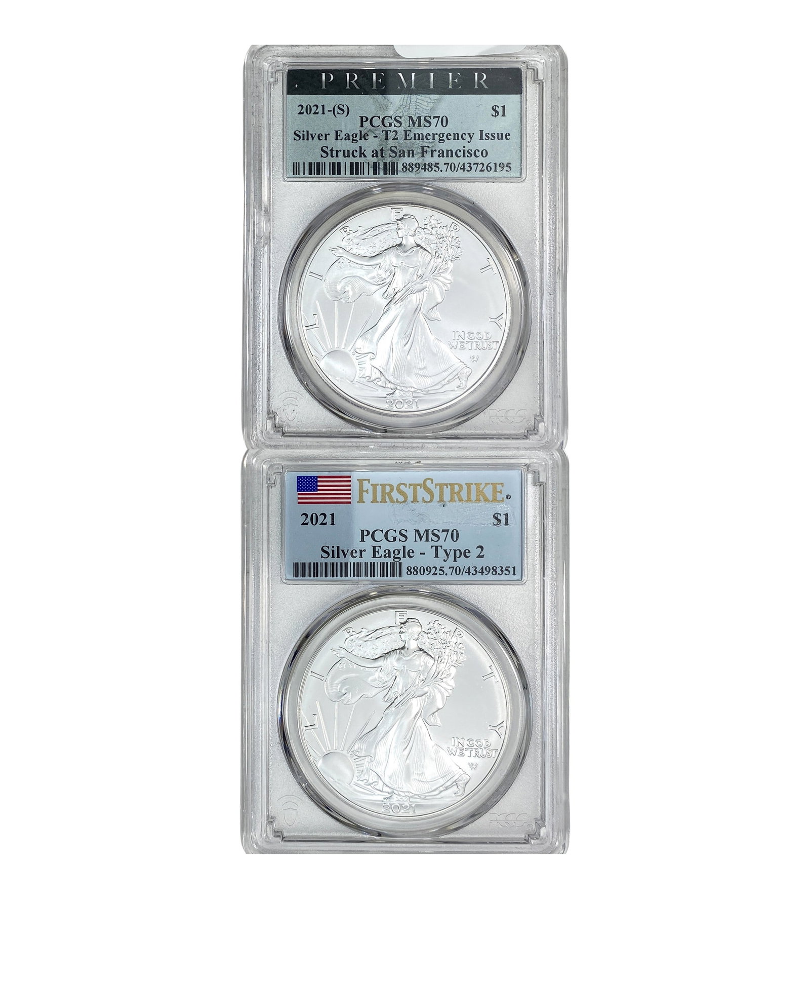 [2 Coins] 2021 Silver Eagle PCGS MS70: [2 Coins] 2021 Silver Eagle PCGS MS70