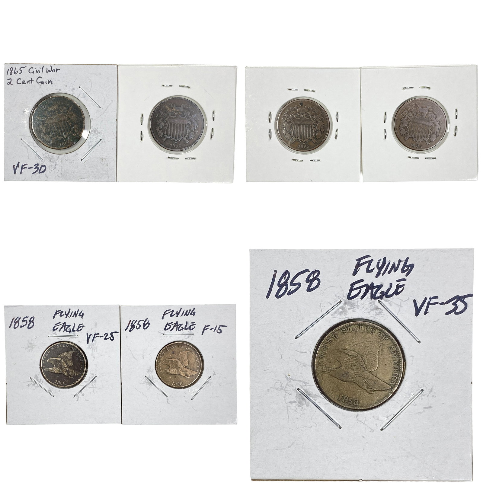 [7 Coins] 1858-1866 Flying Eagle 1C & 2Cs (1 of 2)