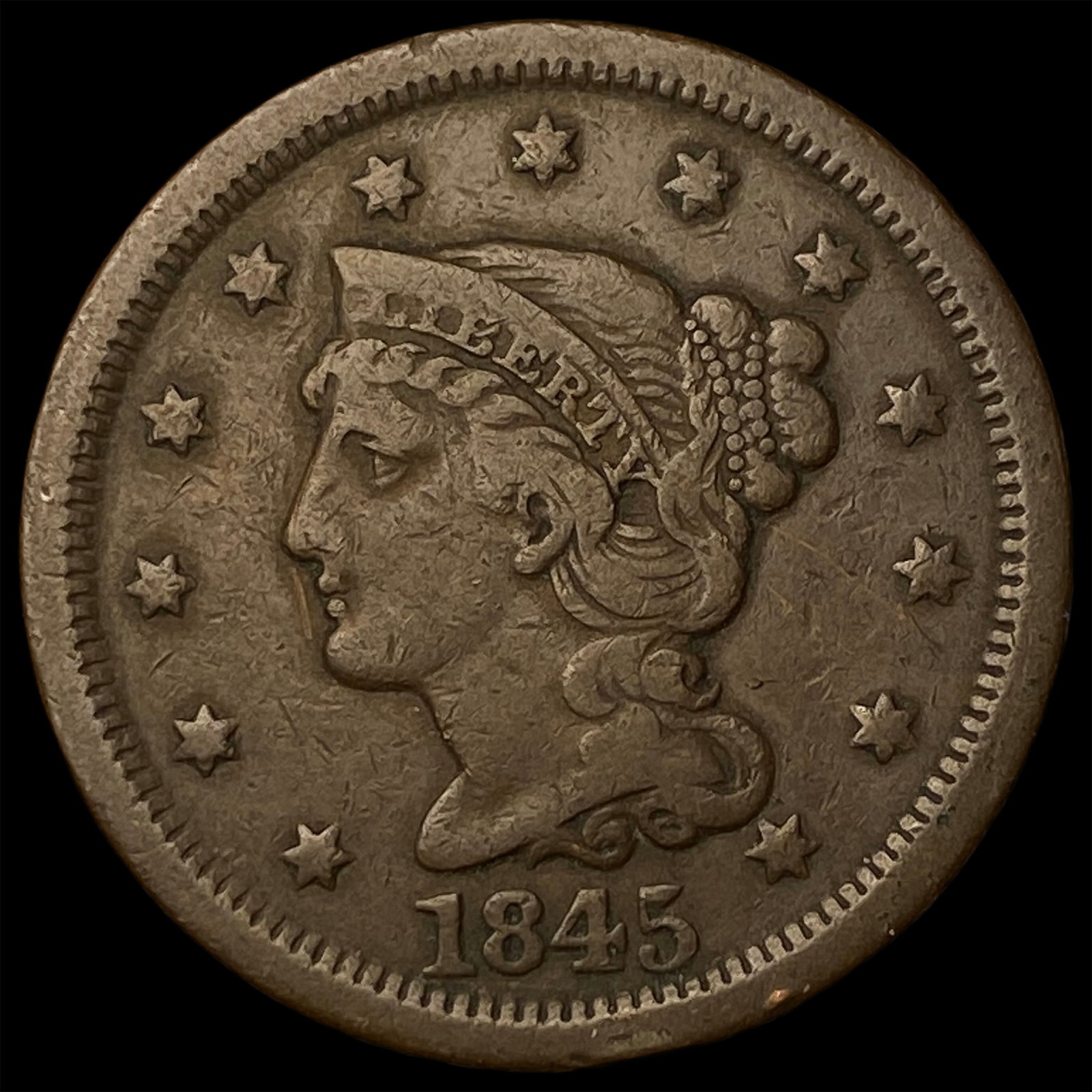 1845 Braided Hair Large Cent ABOUT UNCIRCULATED: 1845 Braided Hair Large Cent ABOUT UNCIRCULATED