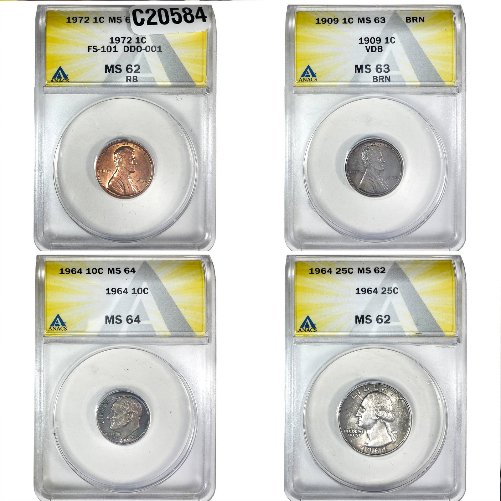 [4 Coins] 1909-1972 U.S. Coin Lot 1C-25C ANACS MS62-64 (1 of 2)